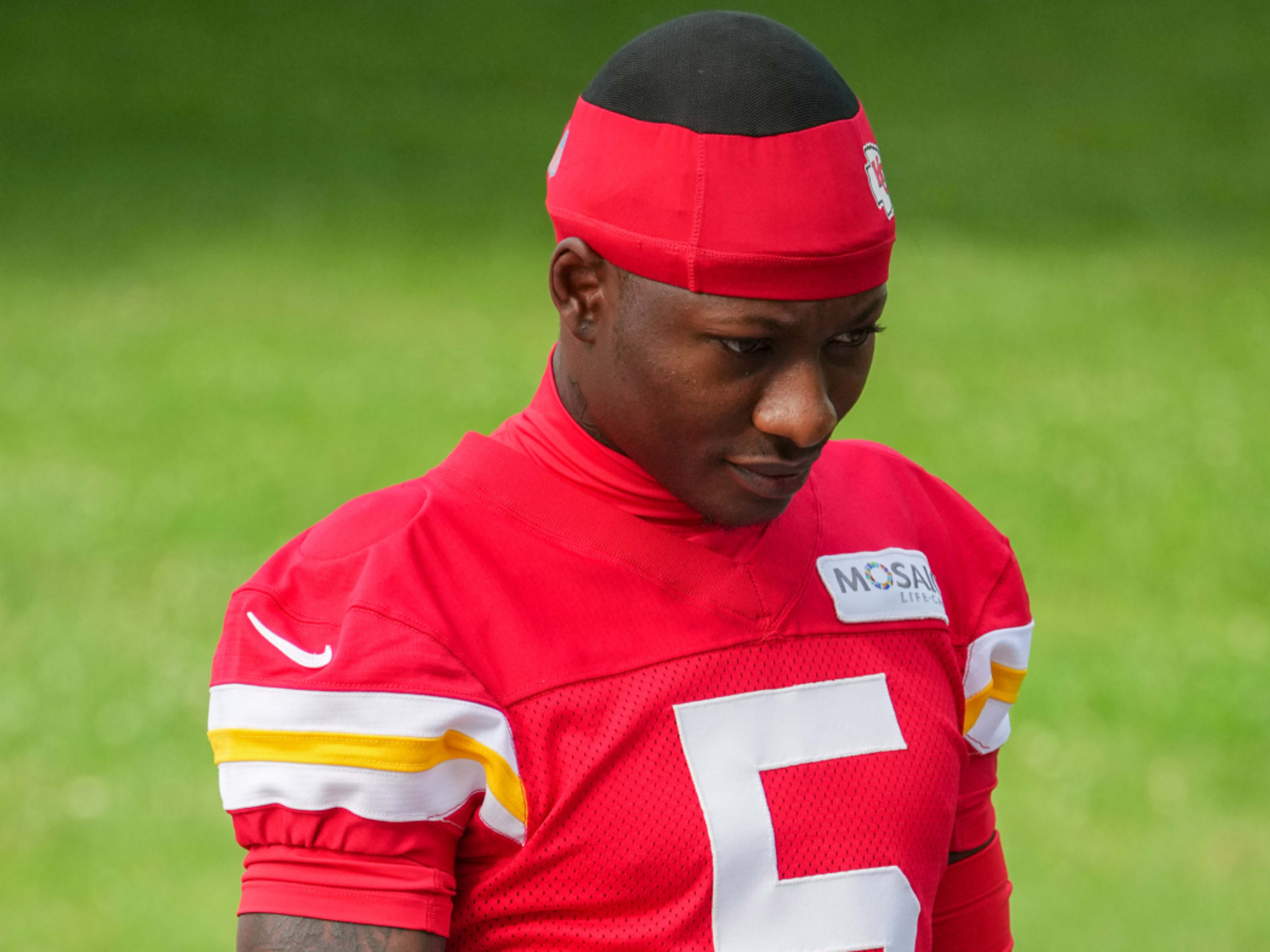 Jul 22, 2025; St. Joseph, MO, USA; Kansas City Chiefs wide receiver Hollywood Brown (5) walks down the hill to the practice fields during training camp at Missouri Western State University. Mandatory Credit: Denny Medley-Imagn Images 
