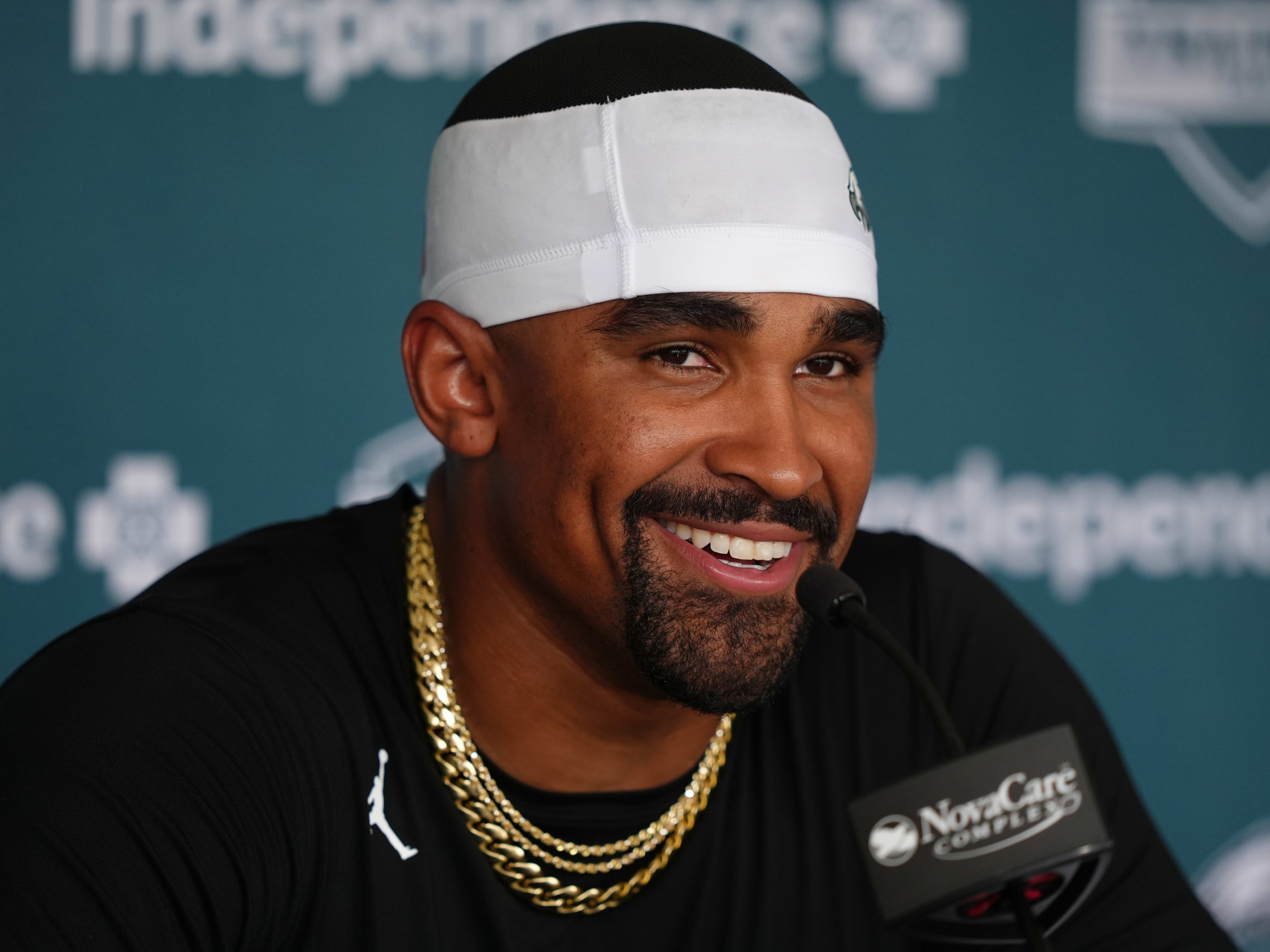 Philadelphia Eagles quarterback Jalen Hurts (1) addresses media during training camp at NovaCare Complex. Kyle Ross-Imagn Images