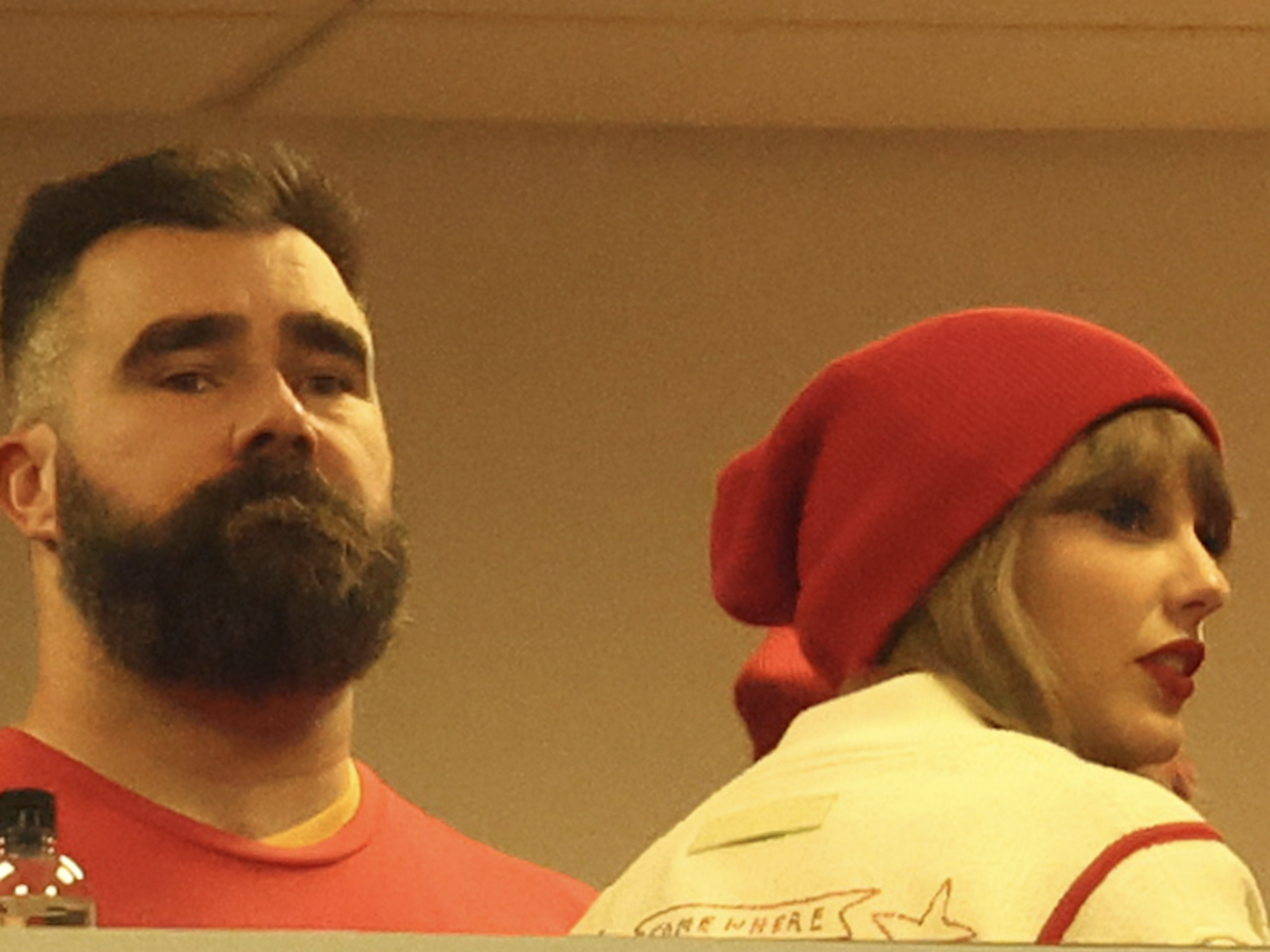 Jan 21, 2024; Orchard Park, New York, USA; Taylor Swift (right) and Jason Kelce (left) in the suites before the 2024 AFC divisional round game between the Kansas City Chiefs and Buffalo Bills at Highmark Stadium
