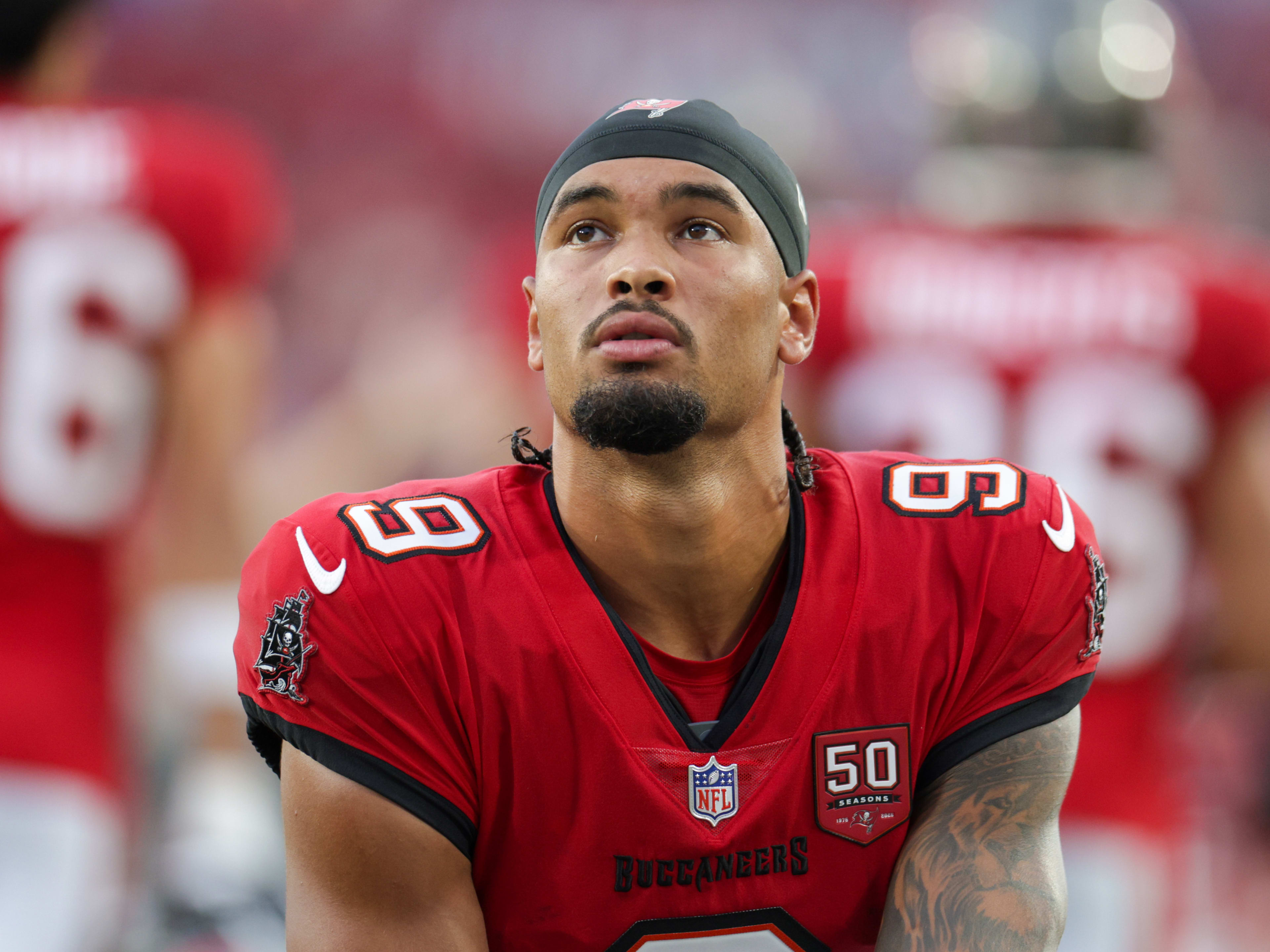 Aug 9, 2025; Tampa, Florida, USA; Tampa Bay Buccaneers wide receiver Emeka Egbuka (9) looks on before a preseason game against the Tennessee Titans at Raymond James Stadium. 
