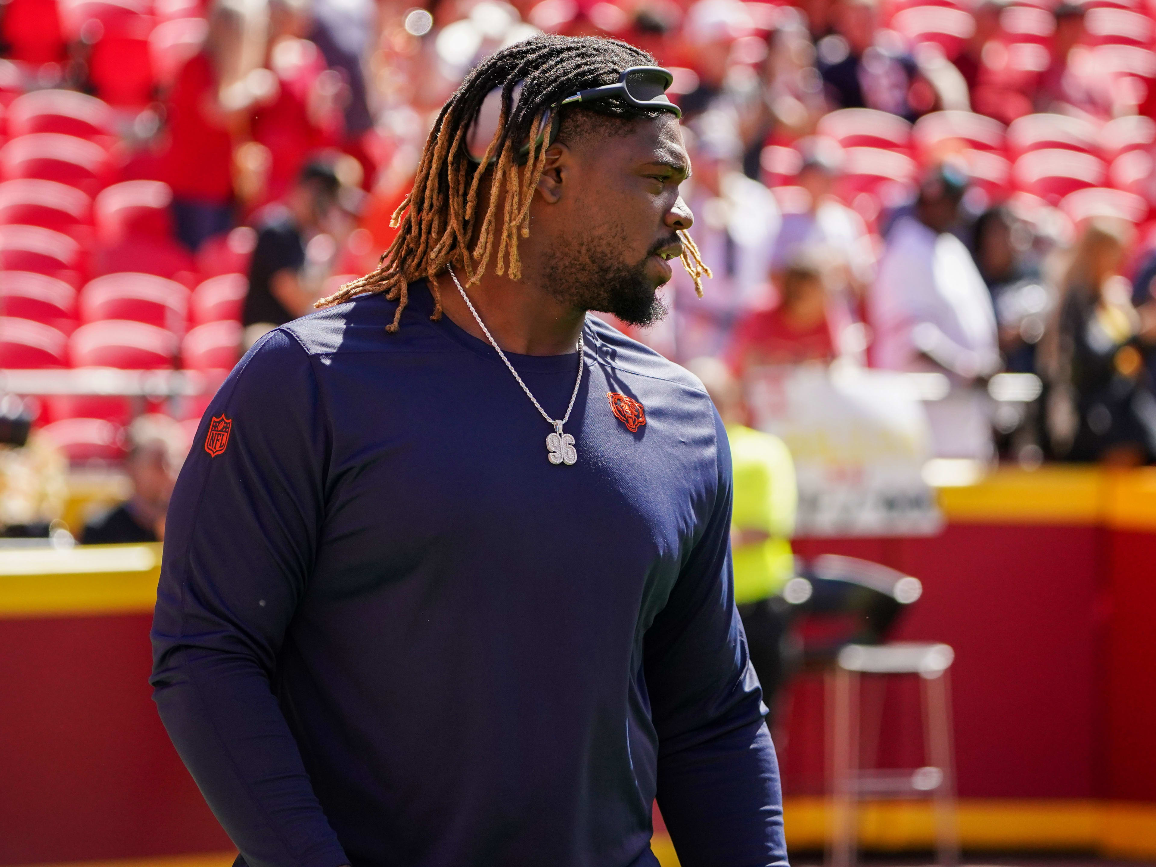 Sep 24, 2023; Kansas City, Missouri, USA; Chicago Bears defensive tackle Zacch Pickens (96) warms up against the Kansas City Chiefs prior to a game at GEHA Field at Arrowhead Stadium. 
