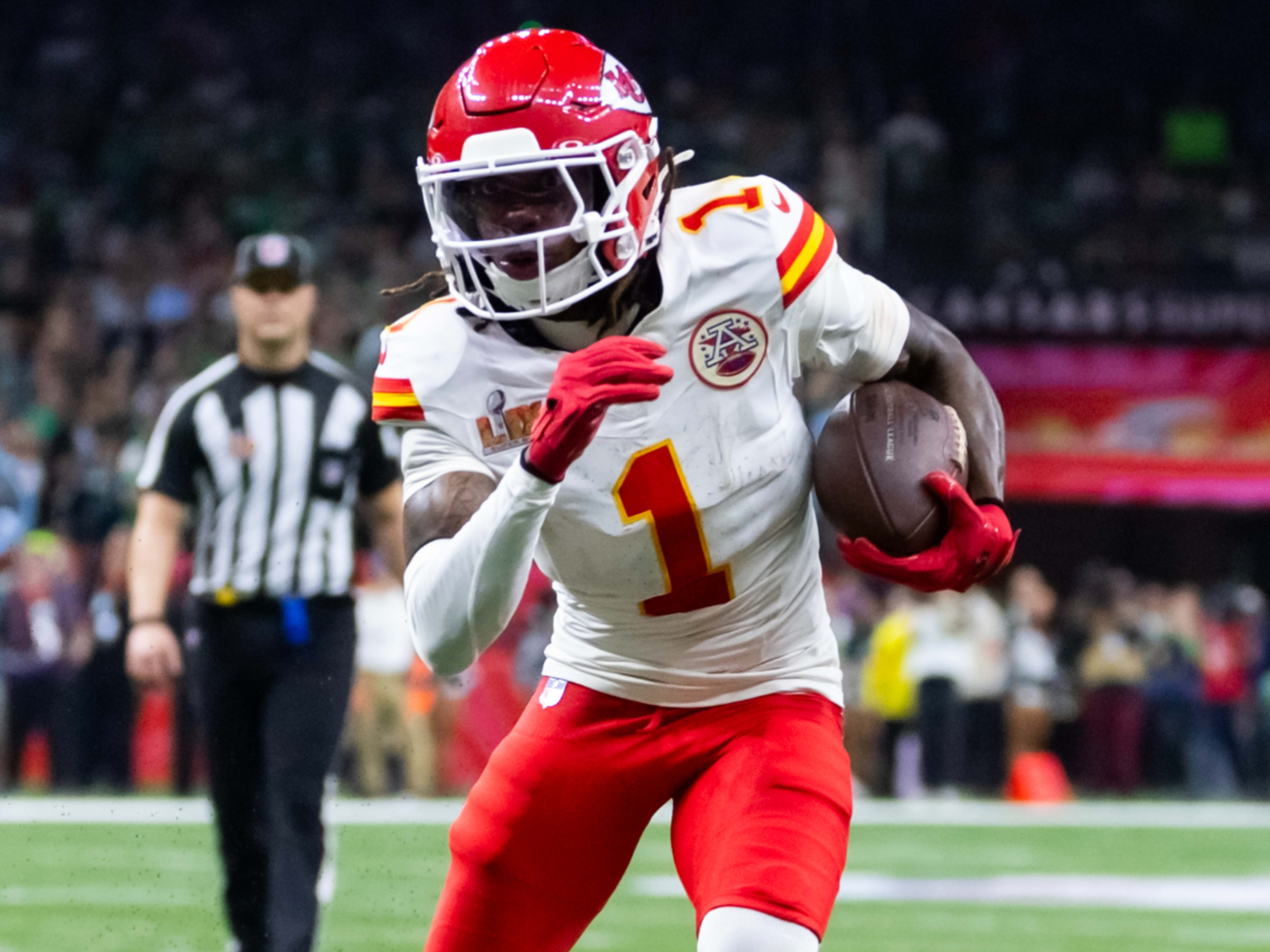 Feb 9, 2025; New Orleans, LA, USA; Kansas City Chiefs wide receiver Xavier Worthy (1) against the Philadelphia Eagles in Super Bowl LIX at Ceasars Superdome. 
