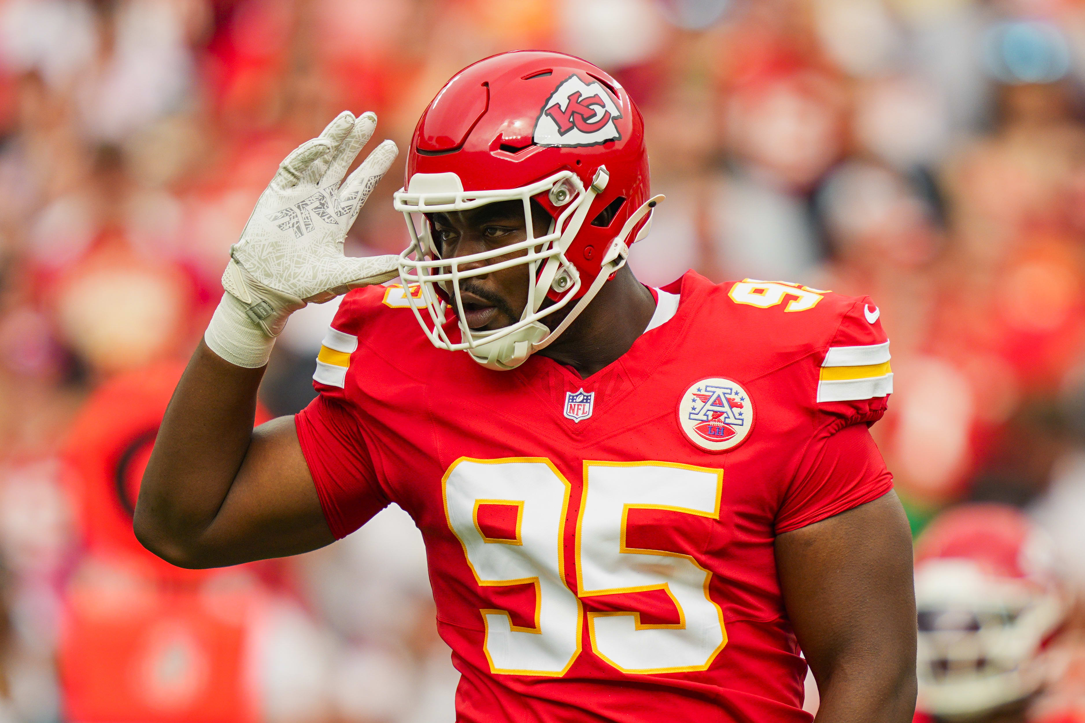 Sep 14, 2025; Kansas City, Missouri, USA; Kansas City Chiefs defensive tackle Chris Jones (95) reacts during the first half against the Philadelphia Eagles at GEHA Field at Arrowhead Stadium. 
