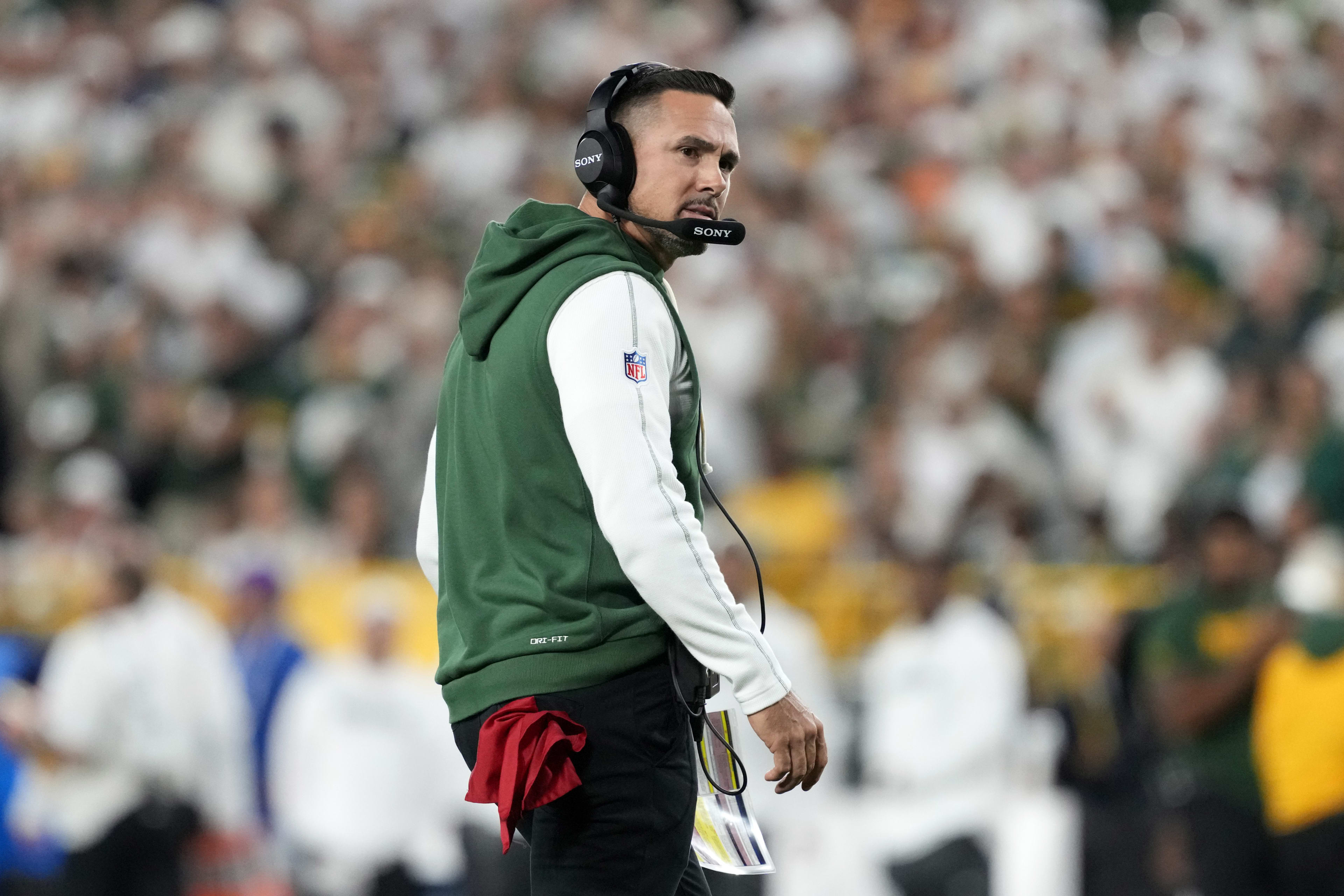 Sep 11, 2025; Green Bay, Wisconsin, USA;  Green Bay Packers head coach Matt LaFleur looks on in the first quarter against the Green Bay Packers at Lambeau Field.
