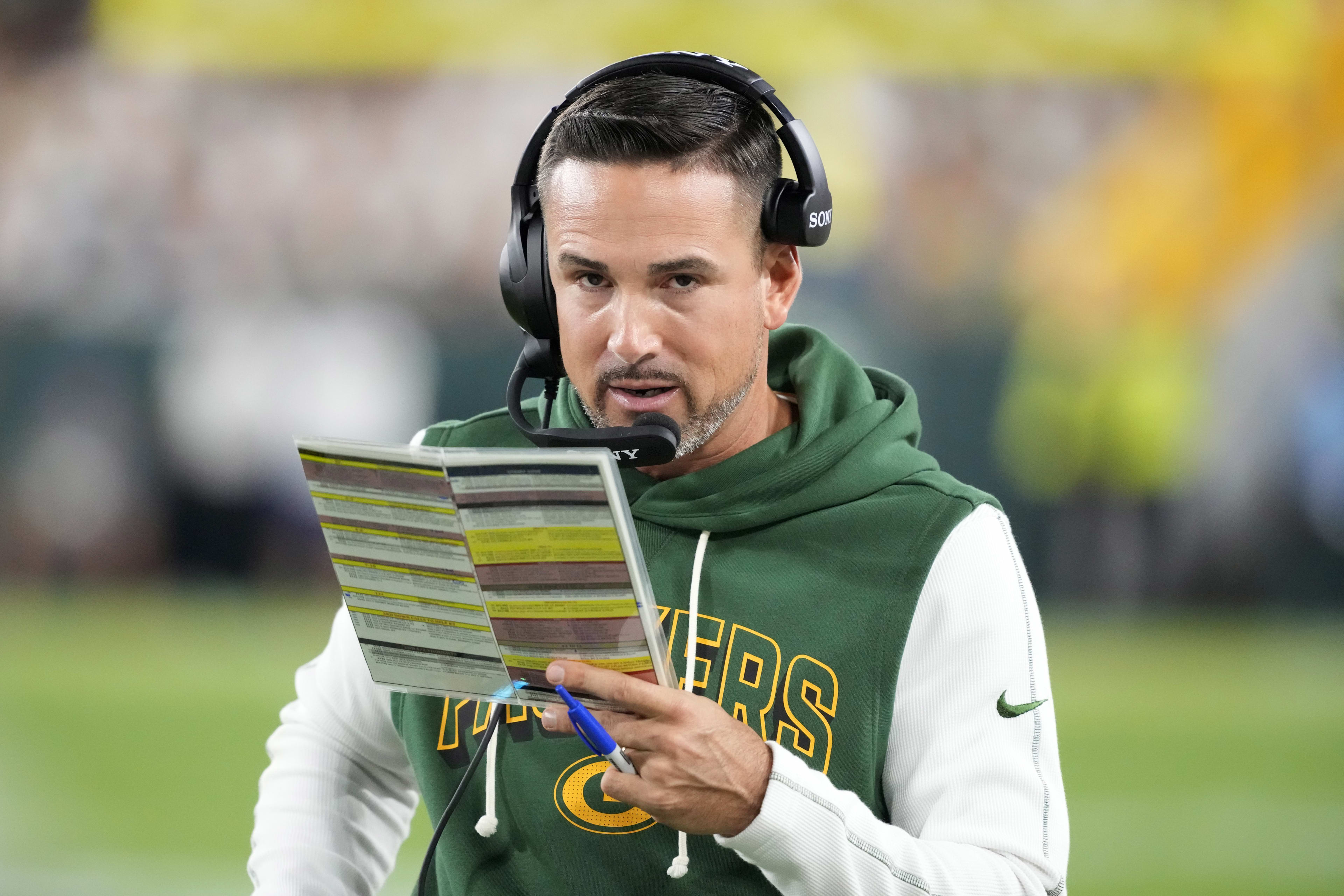 Sep 11, 2025; Green Bay, Wisconsin, USA; Green Bay Packers head coach Matt LaFleur looks on in the first quarter against the Washington Commanders at Lambeau Field.
