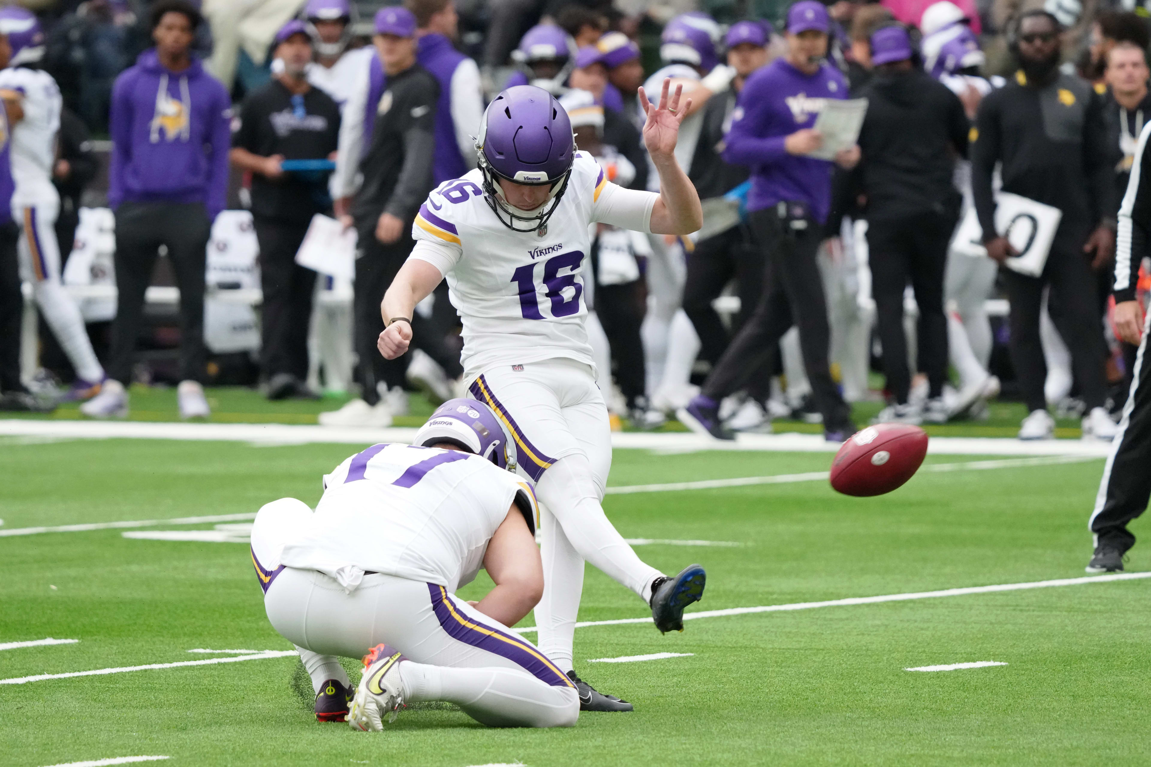 Oct 5, 2025; Tottenham, United Kingdom; Minnesota Vikings kicker Will Reichard (16) kicks a point after attempt against the Cleveland Browns during the third quarter of an NFL International Series game at Tottenham Hotspur Stadium.
