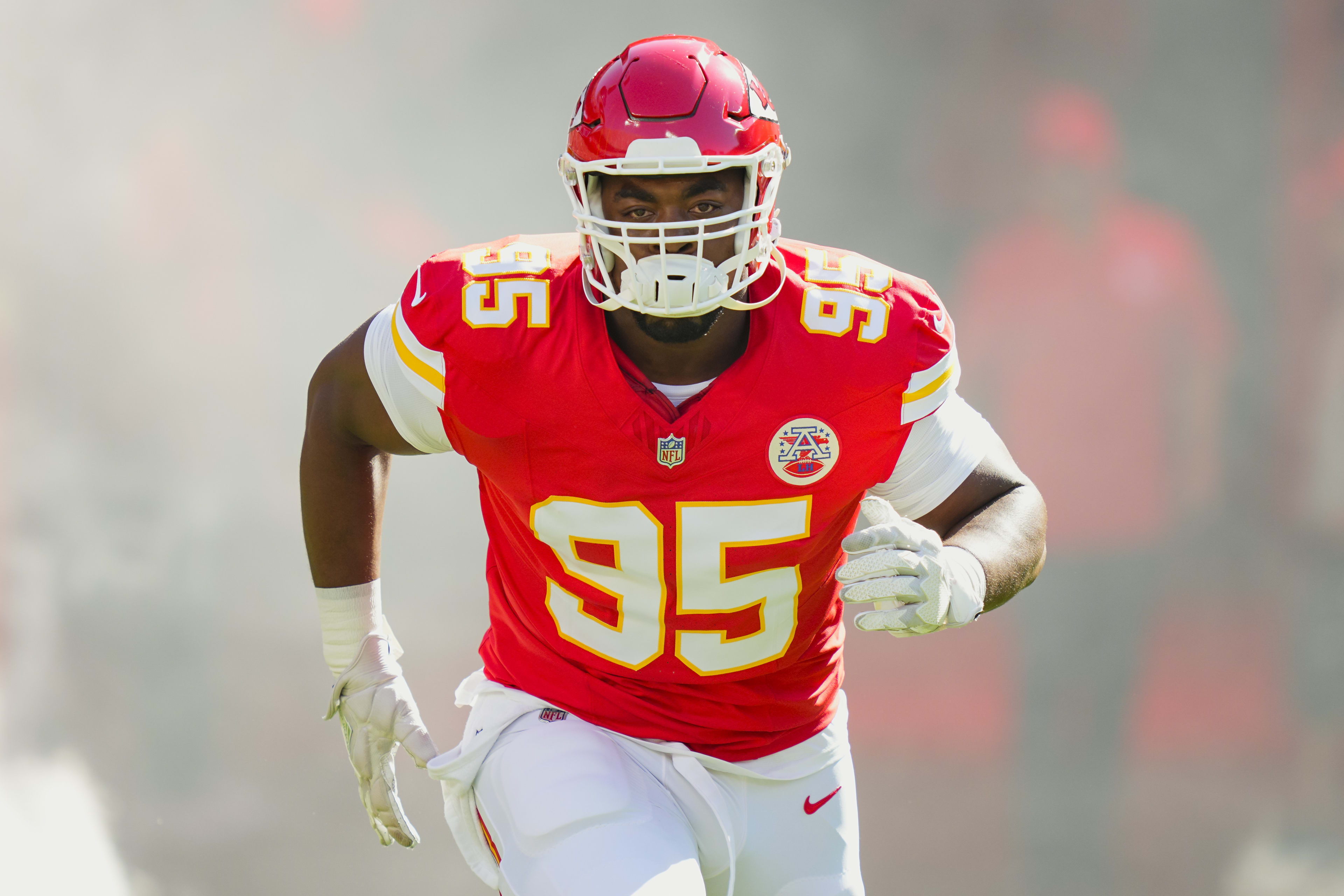 Sep 28, 2025; Kansas City, Missouri, USA; Kansas City Chiefs defensive end Chris Jones (95) takes the field prior to a game against the Baltimore Ravens at GEHA Field at Arrowhead Stadium. 
