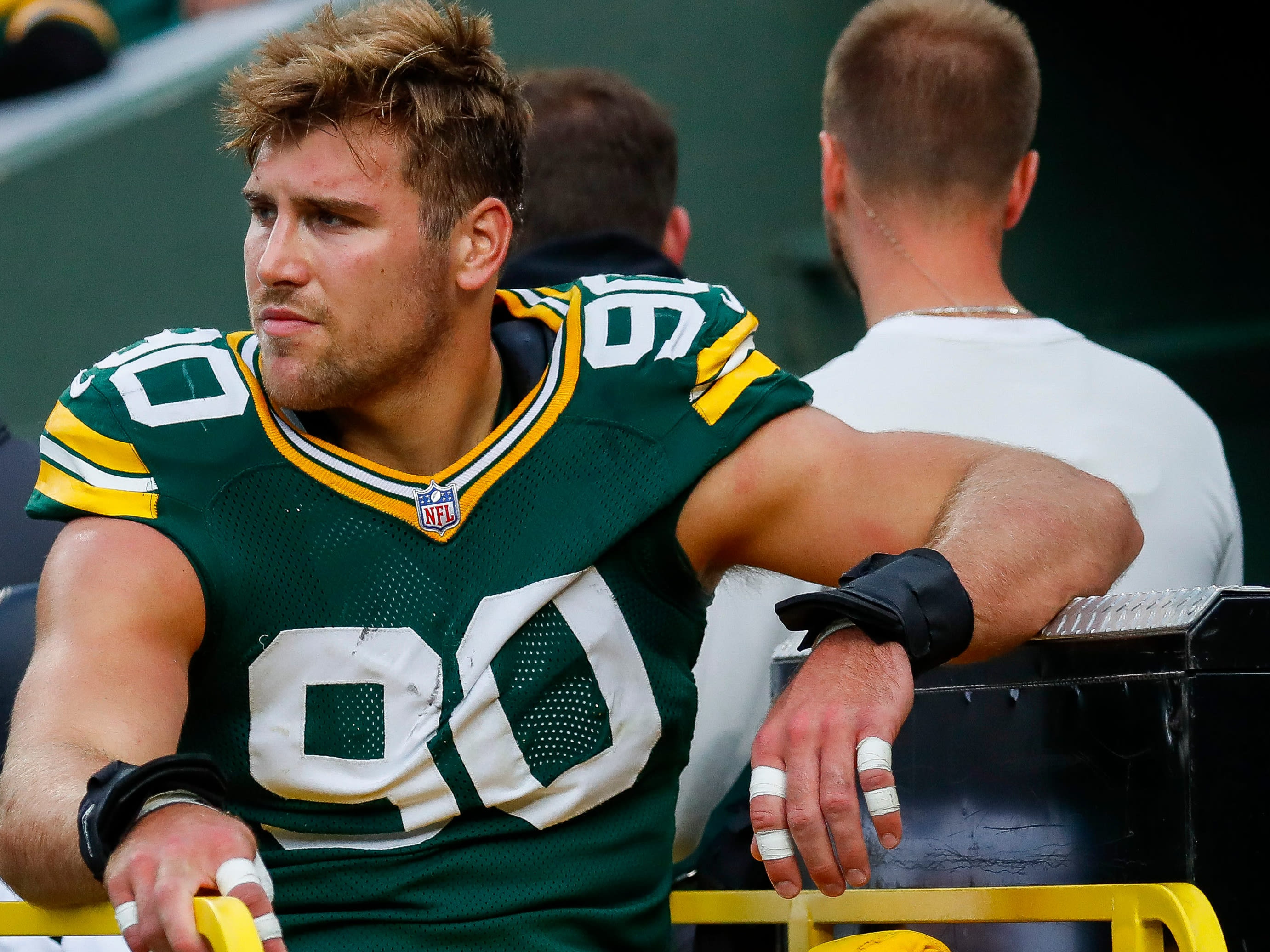 Green Bay Packers defensive end Lukas van Ness (90) is carted off the field with an injury during a game against the Cincinnati Bengals on Sunday, October 12, 2025, at Lambeau Field in Green Bay, Wis. The Packers won the game, 27-18.
