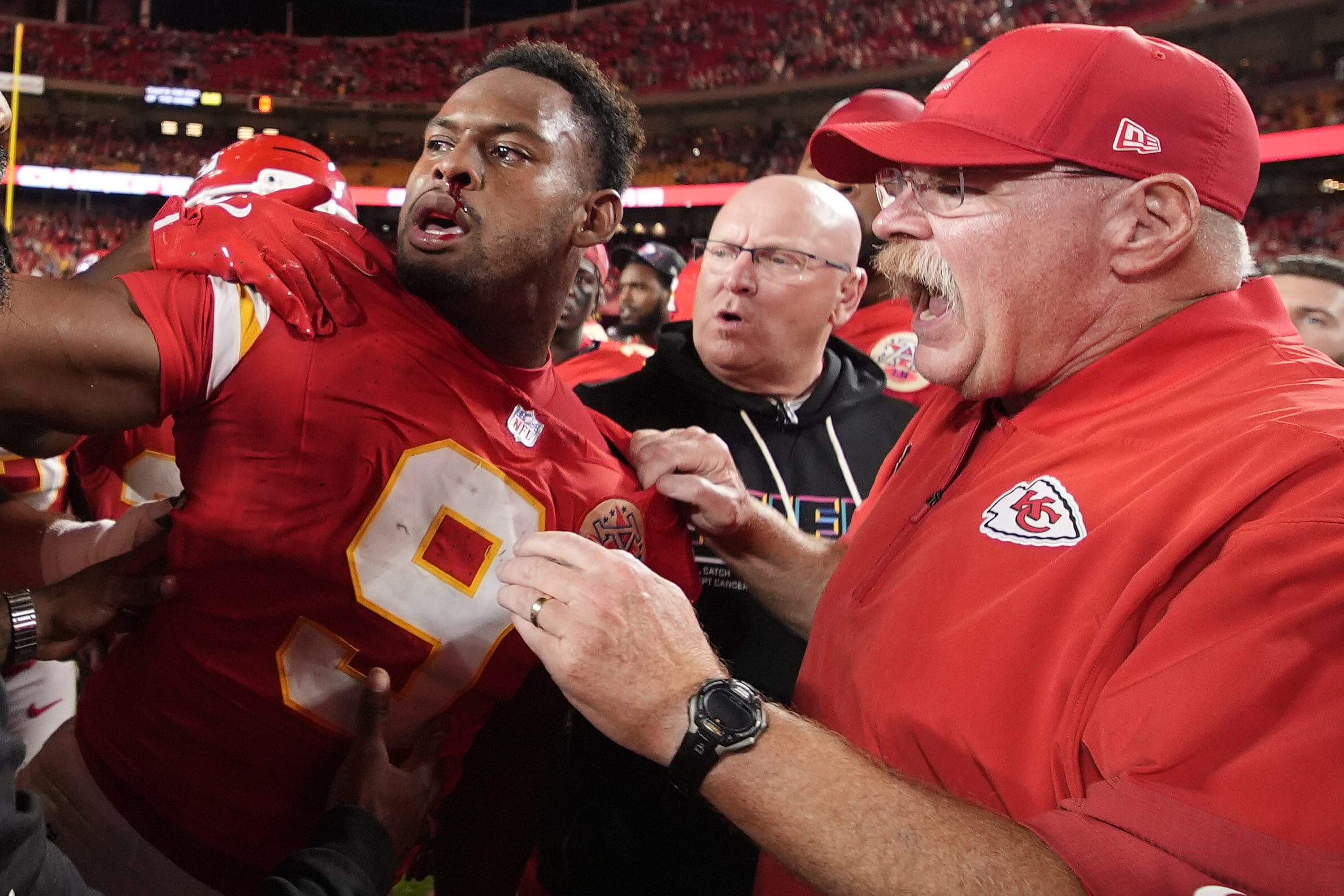 Oct 12, 2025; Kansas City, Missouri, USA; Detroit Lions safety Brian Branch (not pictured) and Kansas City Chiefs wide receiver Juju Smith-Schuster (9) get into a fight after the game at GEHA Field at Arrowhead Stadium. Mandatory Credit: Jay Biggerstaff-Imagn Images