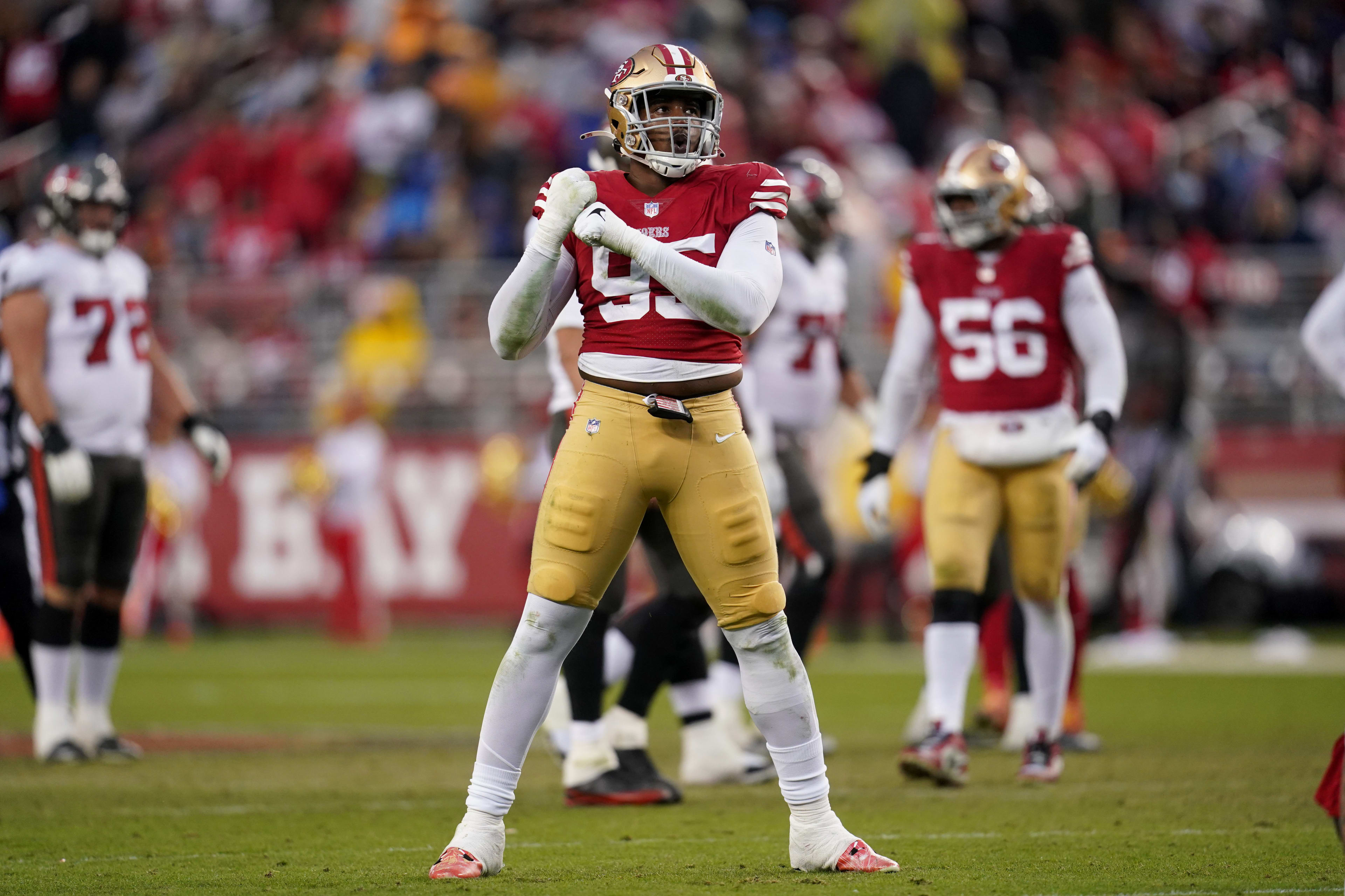 Dec 11, 2022; Santa Clara, California, USA; San Francisco 49ers defensive end Drake Jackson (95) celebrates after the 49ers made a defensive stop on fourth down against the Tampa Bay Buccaneers in the fourth quarter at Levi’s Stadium. 
