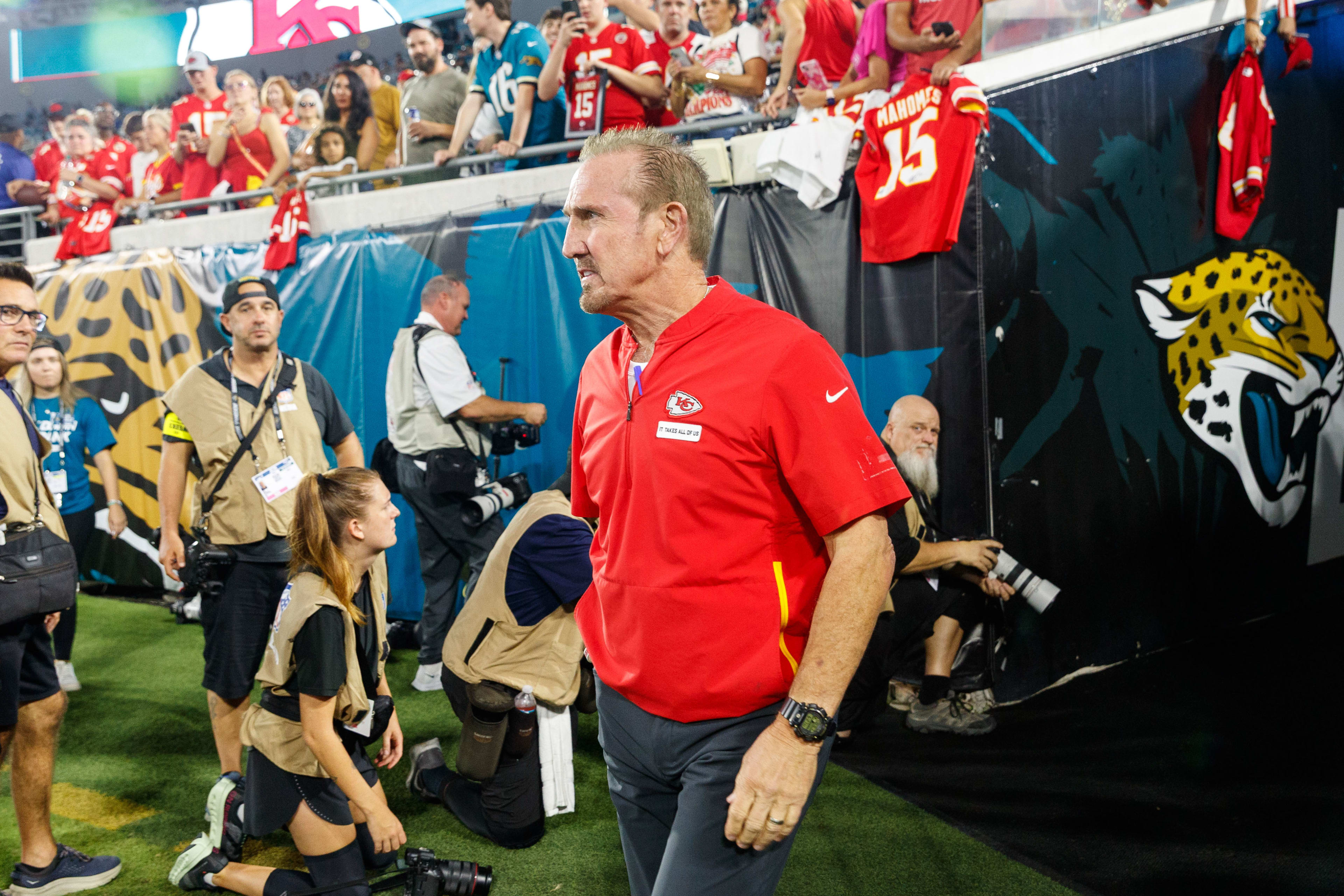 Oct 6, 2025; Jacksonville, Florida, USA; Kansas City Chiefs defensive coordinator Steve Spagnuolo before the game against the Jacksonville Jaguars at EverBank Stadium. Mandatory Credit: Morgan Tencza-Imagn Images