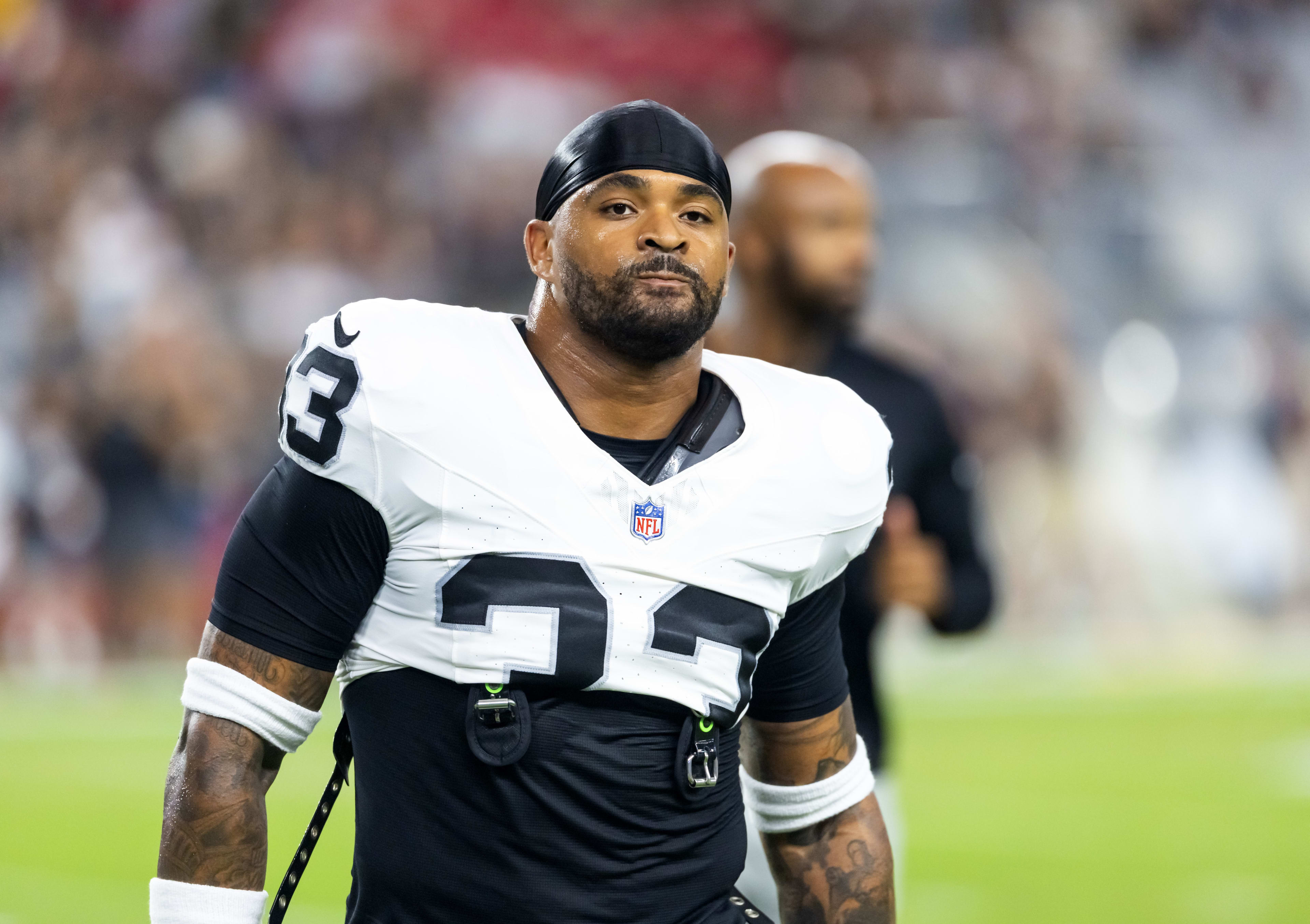 Aug 23, 2025; Glendale, Arizona, USA; Las Vegas Raiders linebacker Jamal Adams (33) against the Arizona Cardinals during a preseason NFL game at State Farm Stadium.