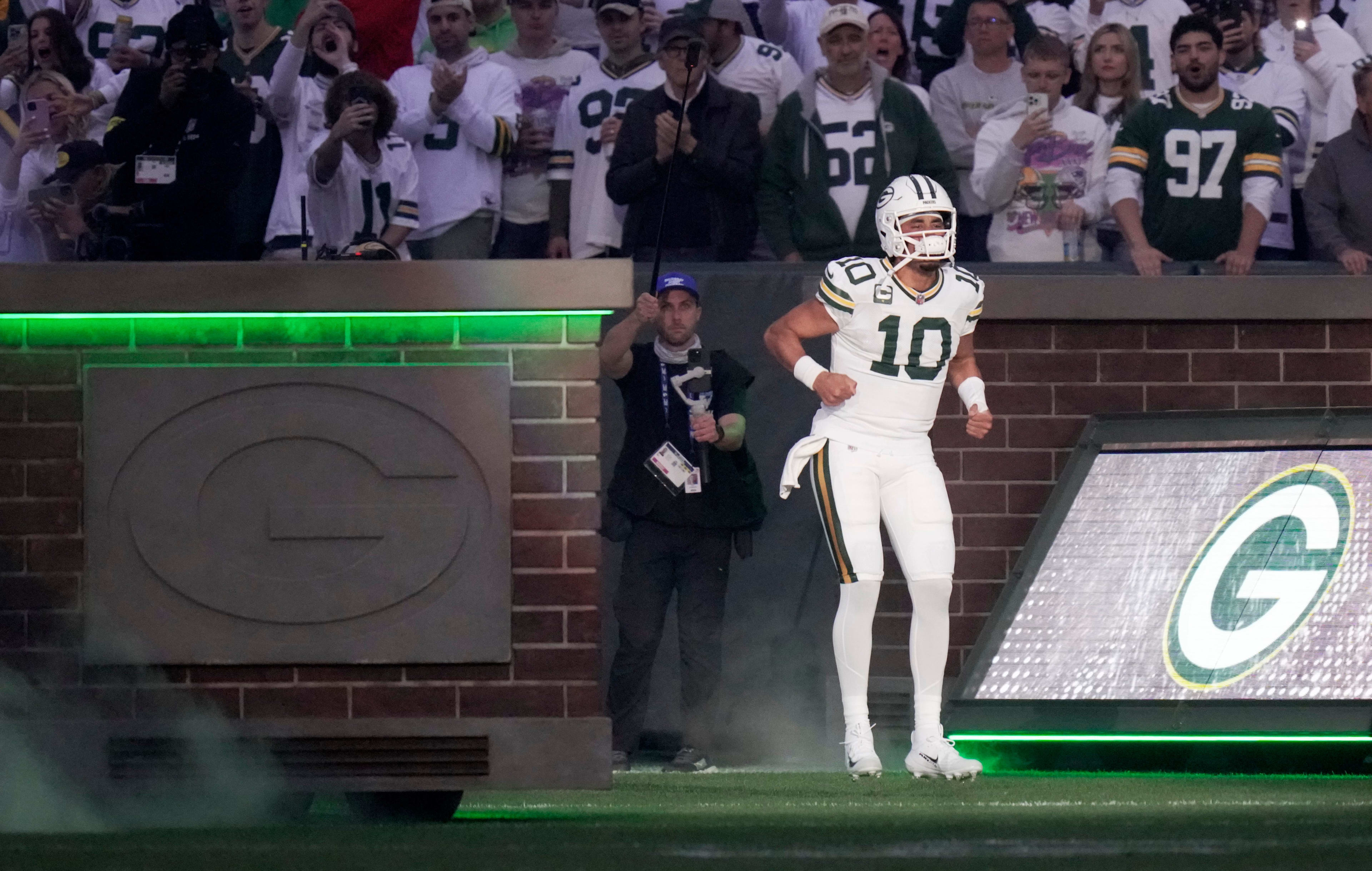 Green Bay Packers quarterback Jordan Love (10) is shown during introductions before their game against the Washington Commanders Thursday, September 11, 2025 at Lambeau Field in Green Bay, Wisconsin.