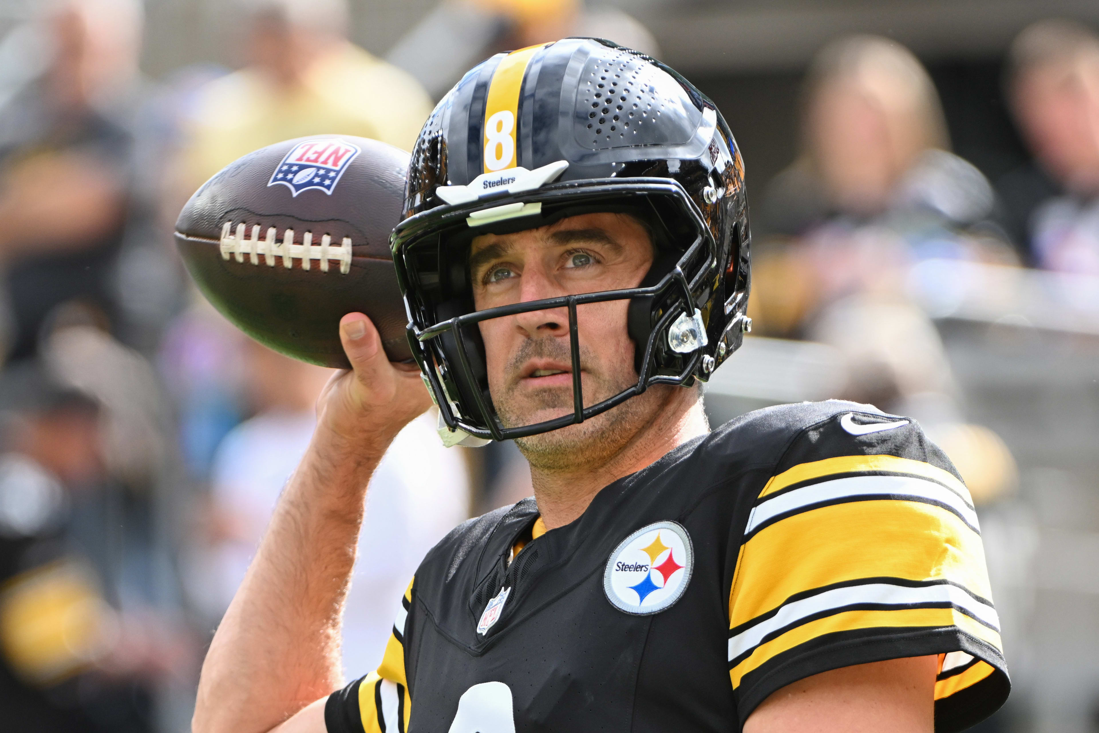 Oct 12, 2025; Pittsburgh, Pennsylvania, USA; Pittsburgh Steelers quarterback Aaron Rodgers (8) warms up for a game against the Cleveland Browns at Acrisure Stadium.