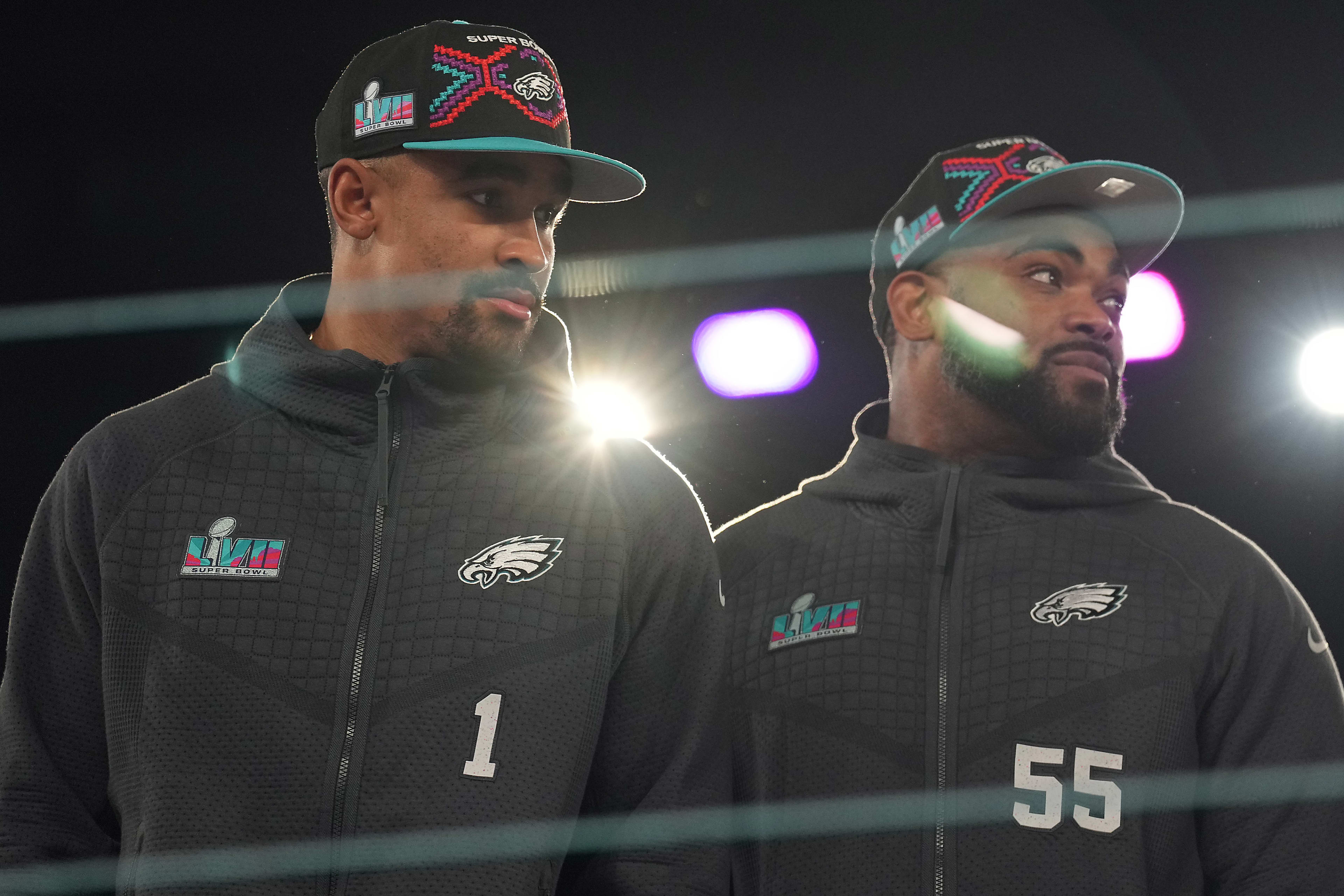Philadelphia Eagles quarterback Jalen Hurts (1) and defensive end Brandon Graham (55) during Super Bowl Opening Night at Footprint Center.