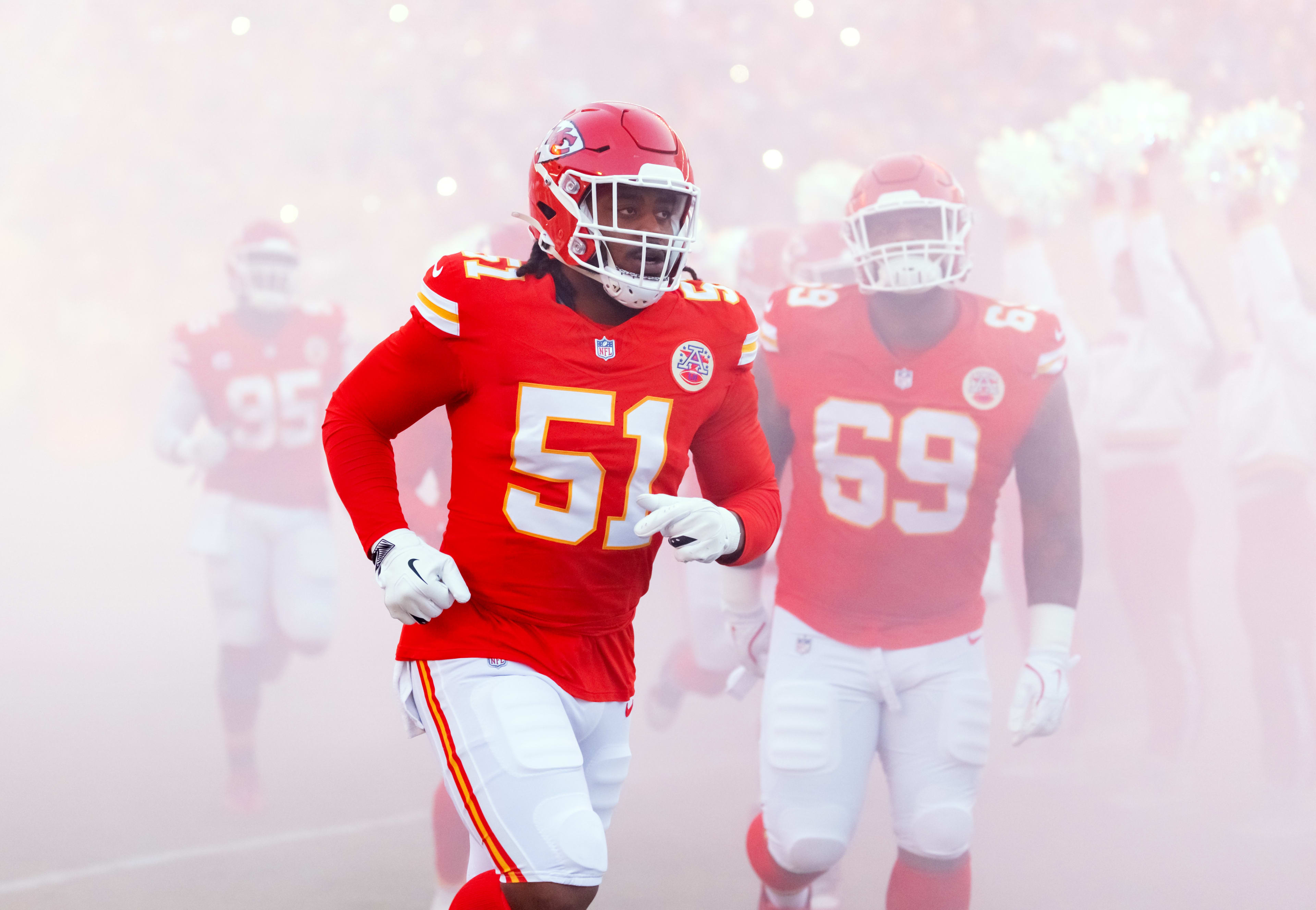 Jan 26, 2025; Kansas City, MO, USA; Kansas City Chiefs defensive end Mike Danna (51) against the Buffalo Bills in the AFC Championship game at GEHA Field at Arrowhead Stadium.