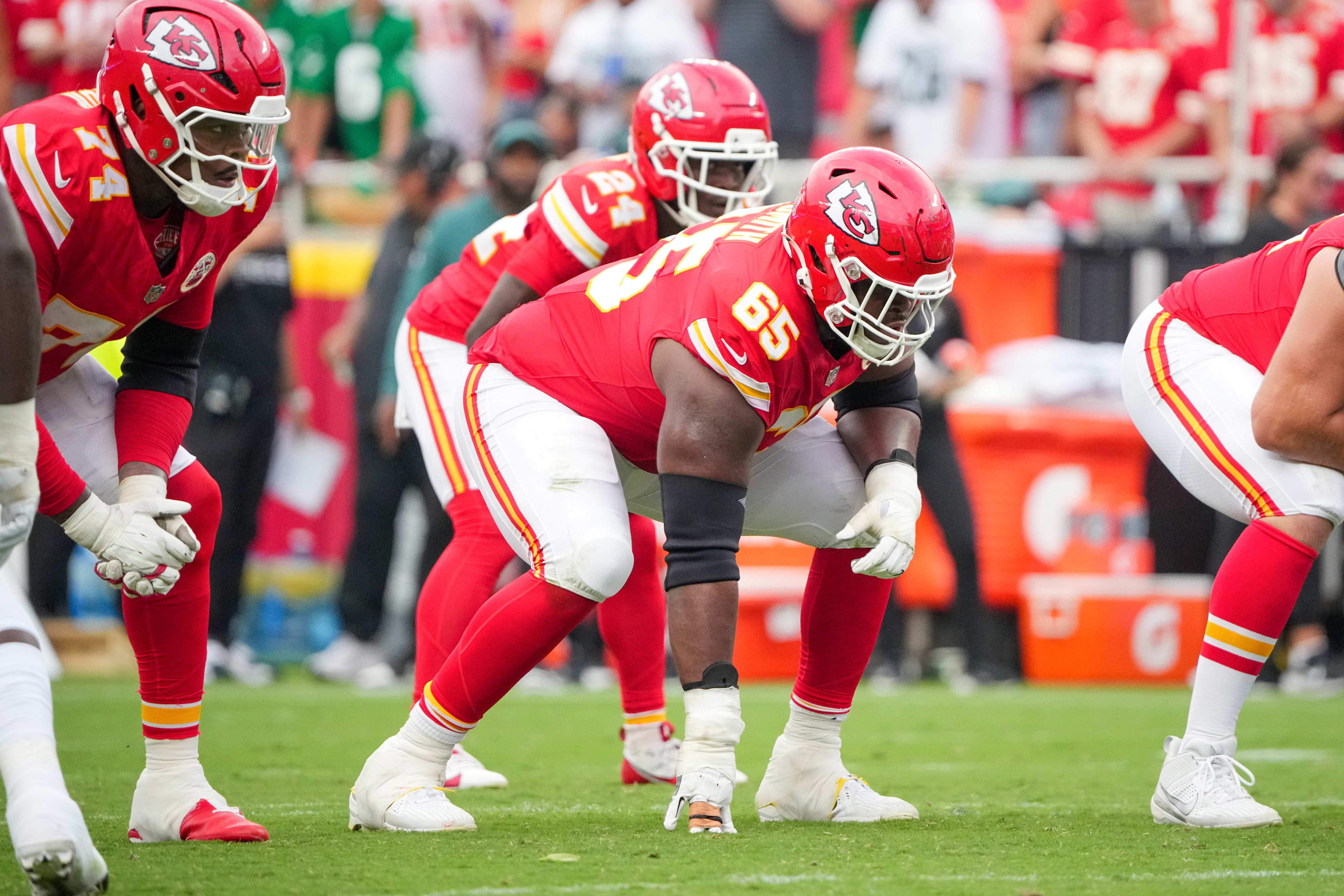 Kansas City Chiefs guard Trey Smith (65) at the line of scrimmage