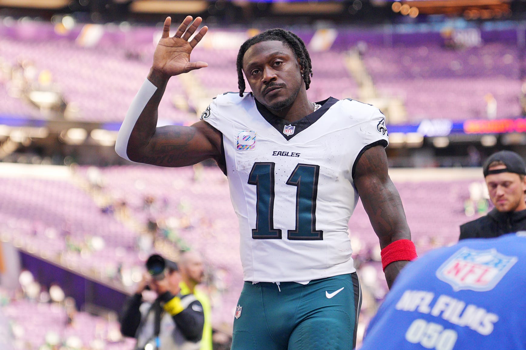 Oct 19, 2025; Minneapolis, Minnesota, USA; Philadelphia Eagles wide receiver A.J. Brown (11) waves to the fans after the game against the Minnesota Vikings at U.S. Bank Stadium. Mandatory Credit: Brad Rempel-Imagn Images