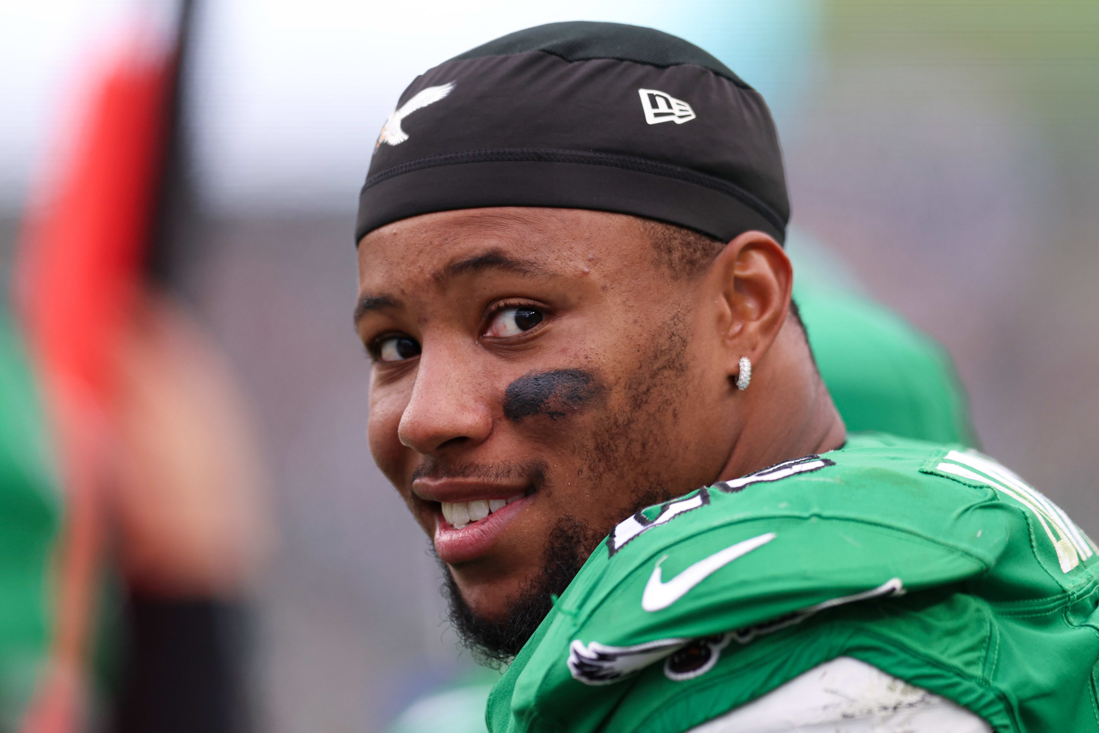 Oct 26, 2025; Philadelphia, Pennsylvania, USA; Philadelphia Eagles running back Saquon Barkley (26) looks on from the sideline during the fourth quarter against the New York Giants at Lincoln Financial Field. Mandatory Credit: Bill Streicher-Imagn Images