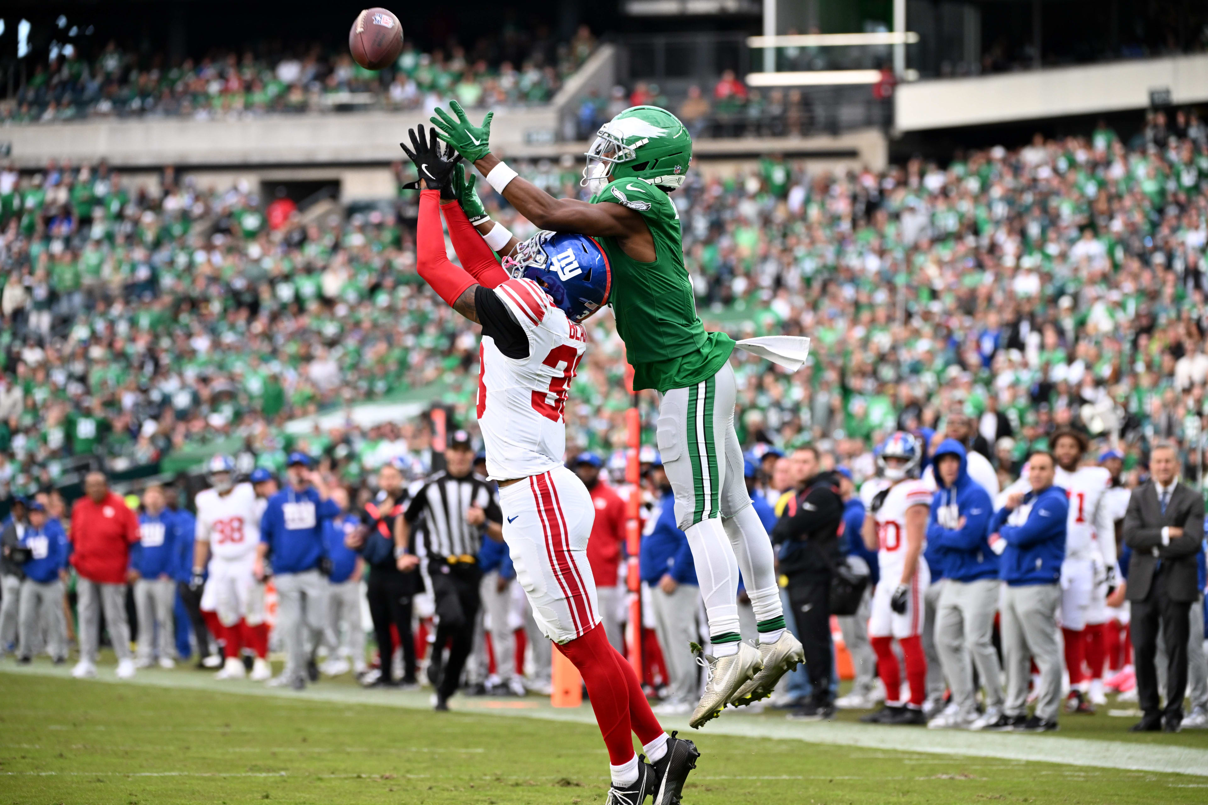 Philadelphia Eagles wide receiver Jahan Dotson (2) makes a catch for a touchdown against New York Giants cornerback Korie Black (38) in the fourth quarter at Lincoln Financial Field.