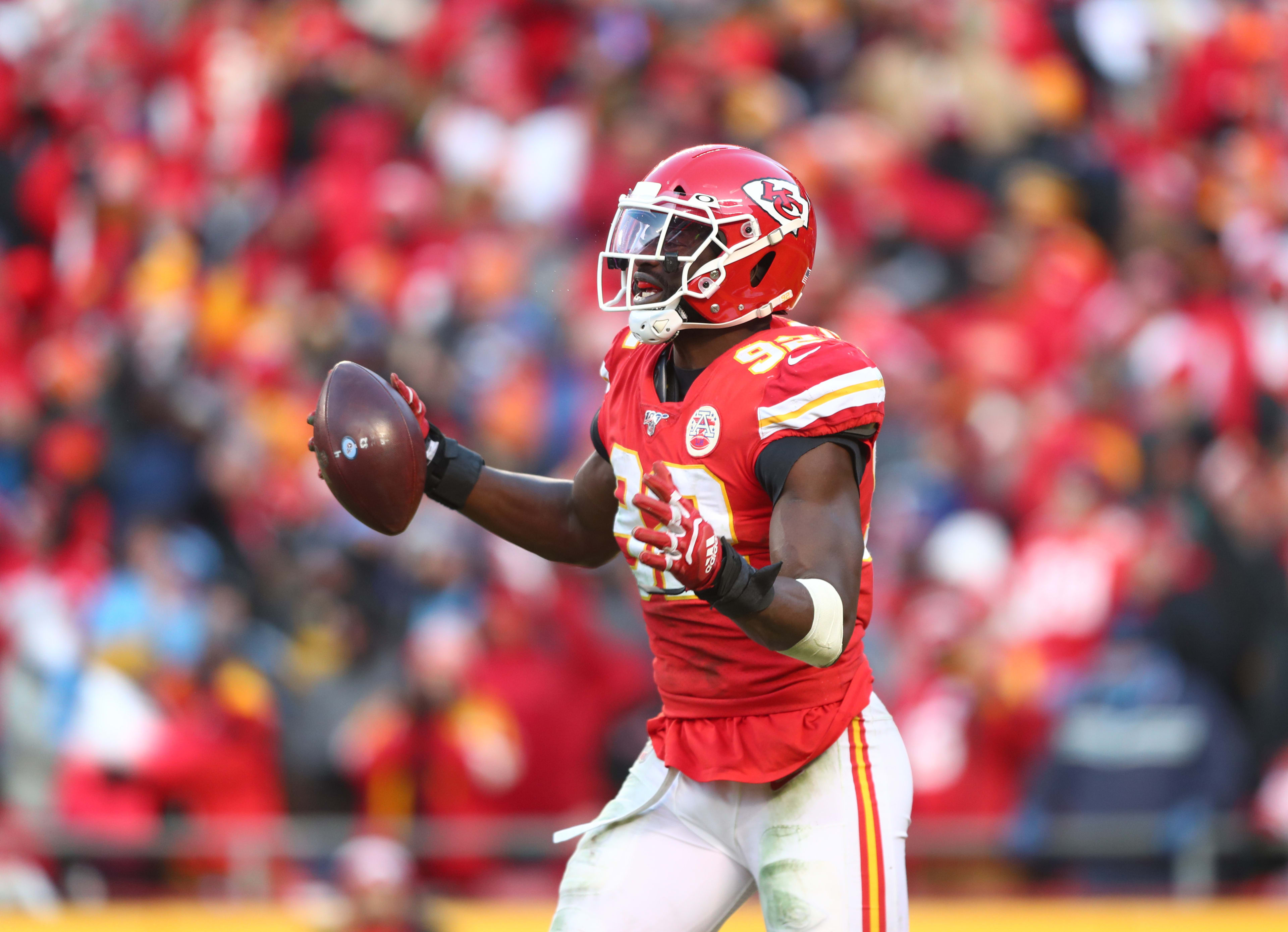 Jan 19, 2020; Kansas City, Missouri, USA; Kansas City Chiefs defensive end Tanoh Kpassagnon (92) against the Tennessee Titans in the AFC Championship Game at Arrowhead Stadium.