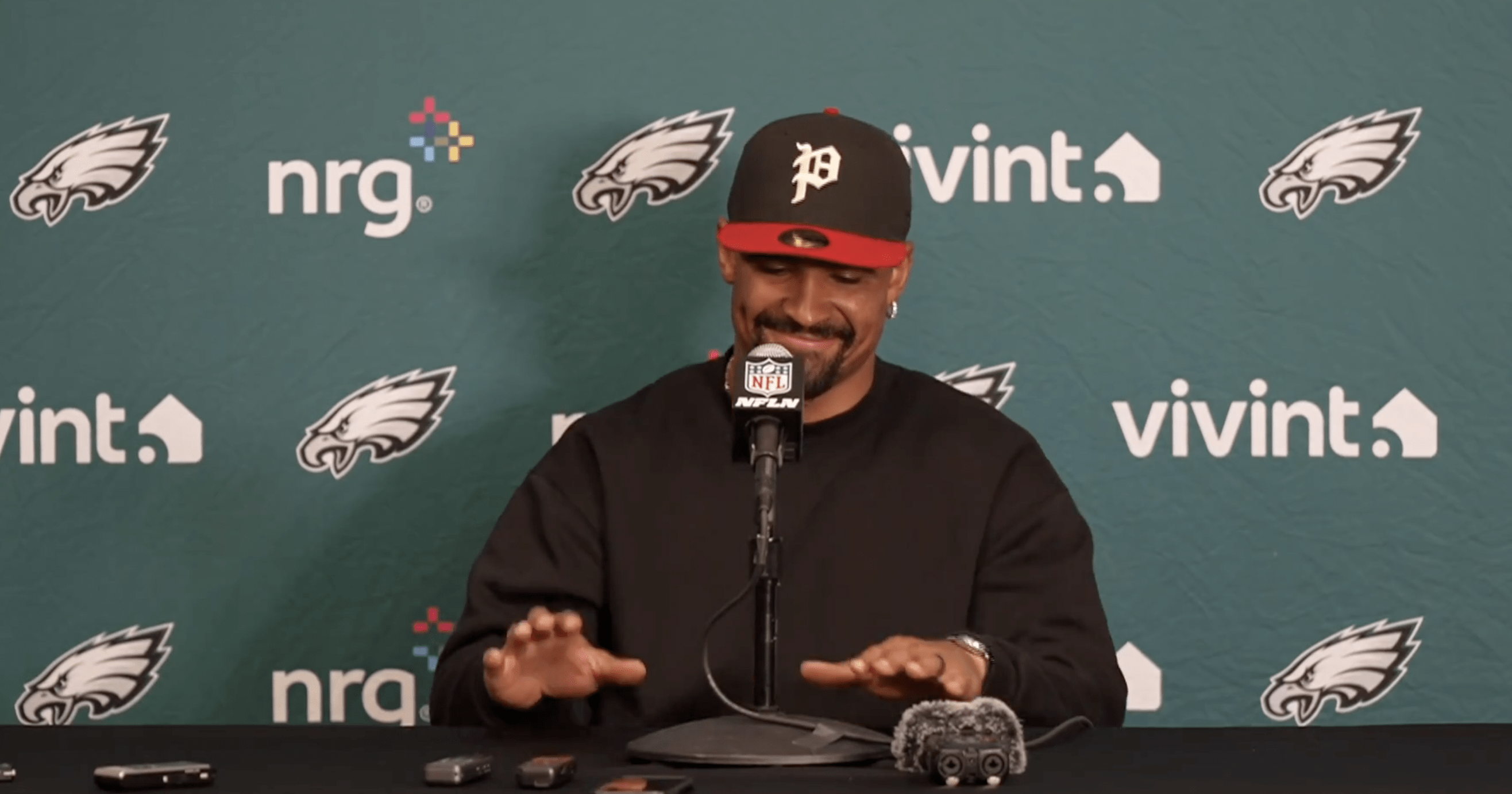 Philadelphia Eagles QB Jalen Hurts speaks to media following Week 7 win over Minnesota Vikings