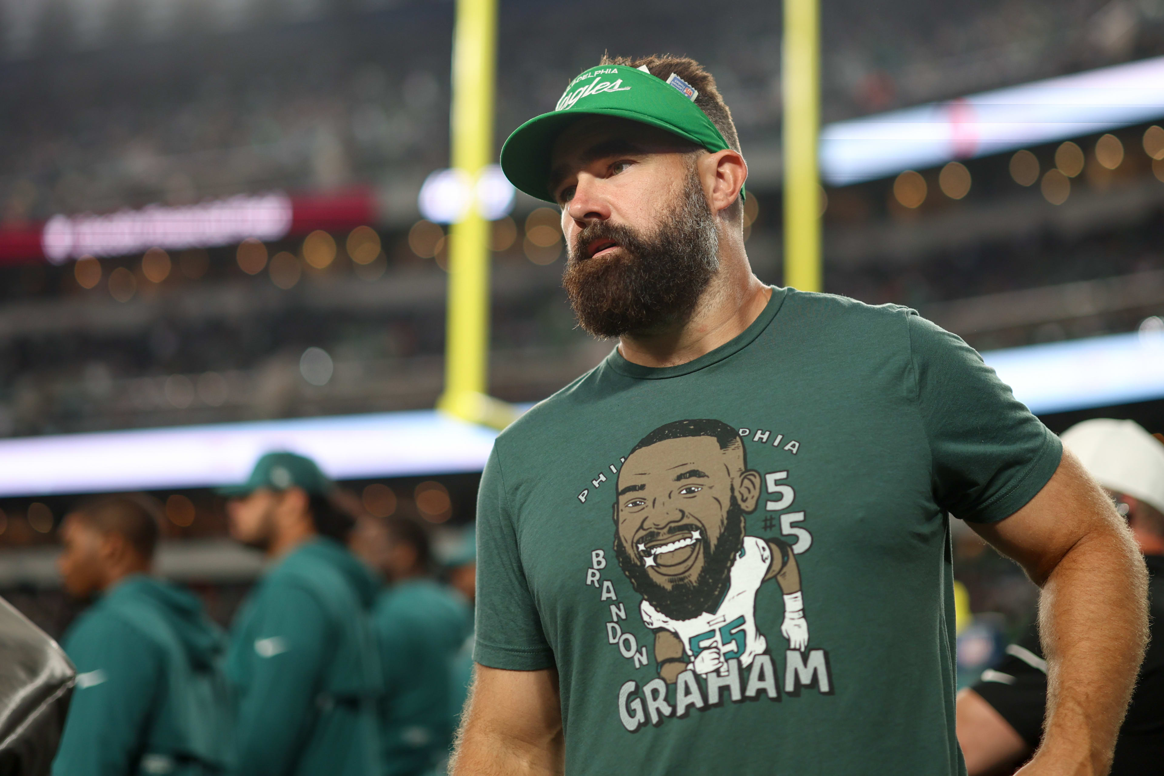 Sep 4, 2025; Philadelphia, Pennsylvania, USA; Philadelphia Eagles former player Jason Kelce looks on prior to the game between the Philadelphia Eagles and the Dallas Cowboys at Lincoln Financial Field.