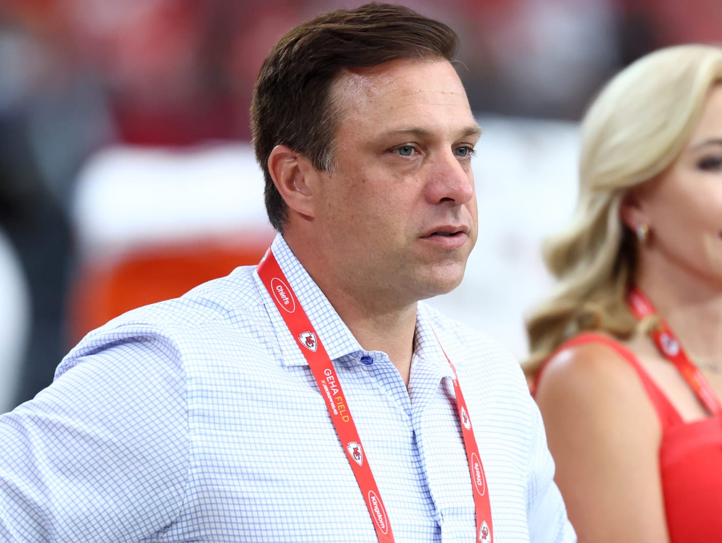 Aug 9, 2025; Glendale, Arizona, USA; Kansas City Chiefs general manager Brett Veach against the Arizona Cardinals during a preseason NFL game at State Farm Stadium.