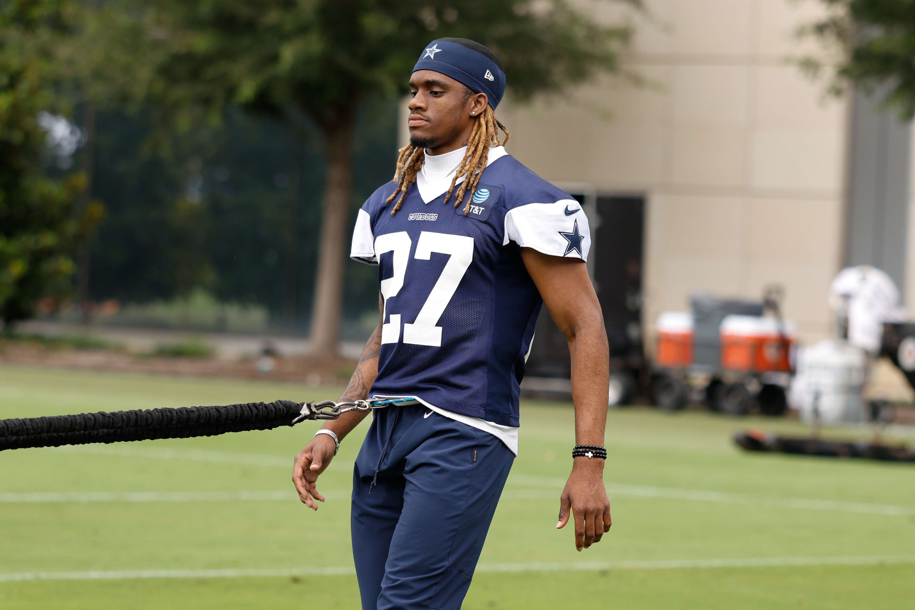 Jun 10, 2025; Arlington, TX, USA; Dallas Cowboys cornerback Shavon Revel Jr. (27) goes through a drill during practice at the Ford Center at the Star Training Facility in Frisco, Texas.