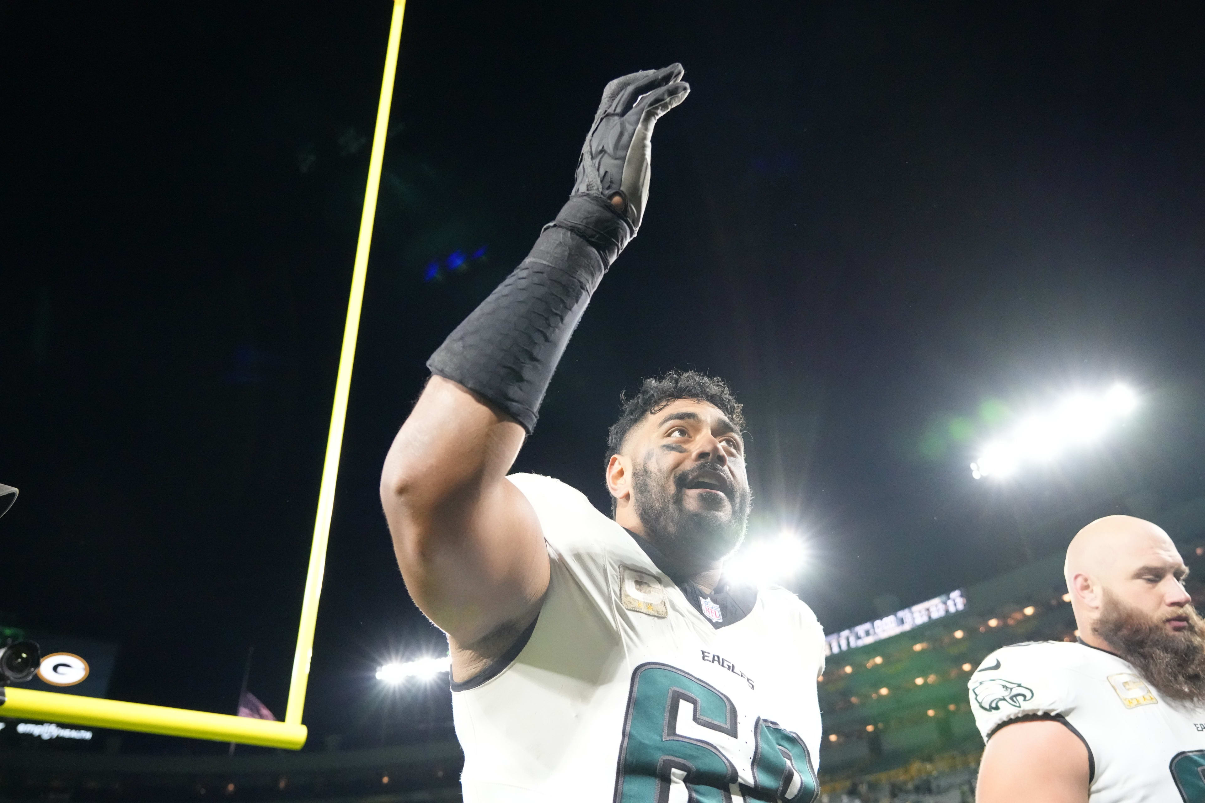 Philadelphia Eagles offensive tackle Lane Johnson (65) leaves the field following a game against the Green Bay Packers at Lambeau Field.
