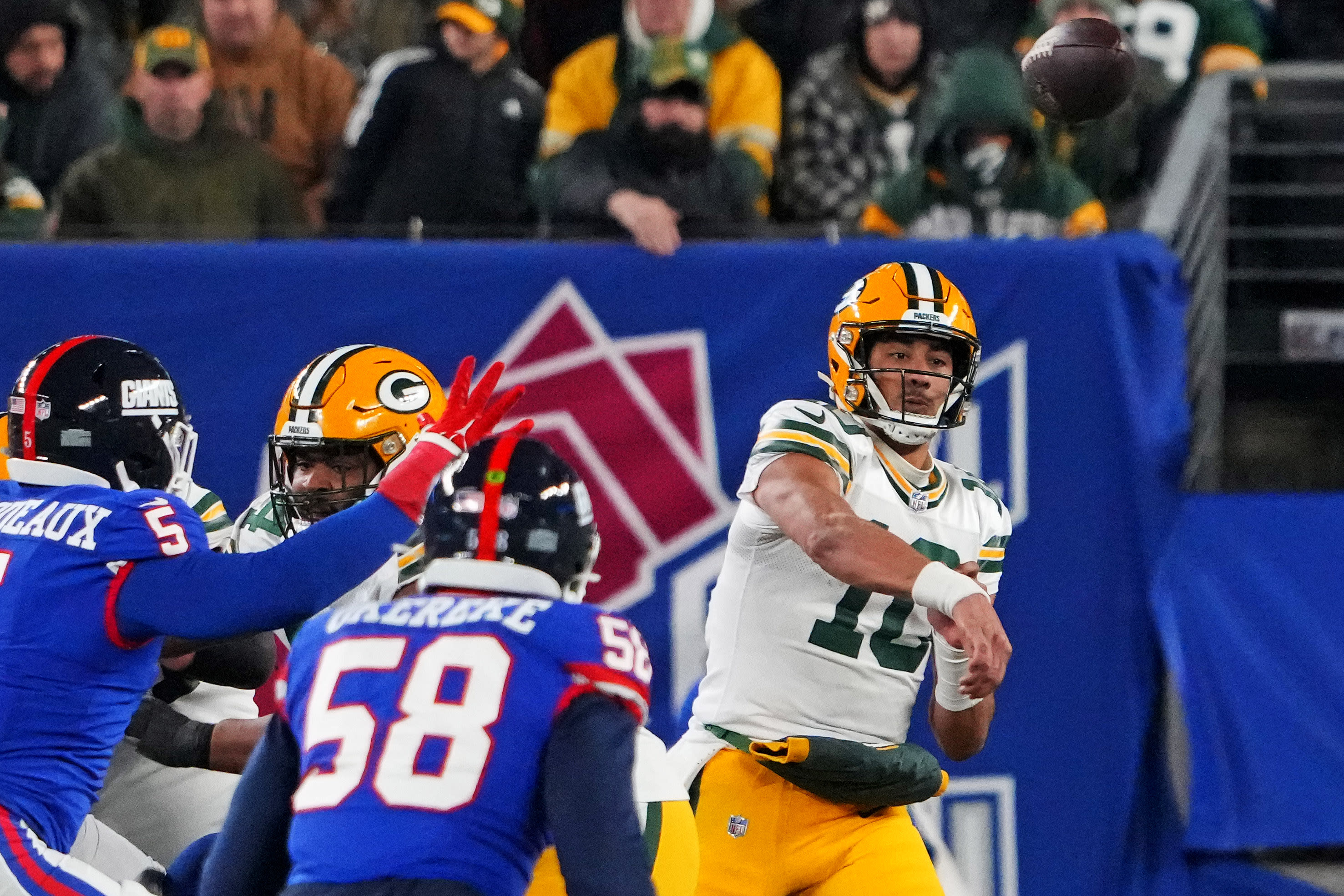 Dec 11, 2023; East Rutherford, New Jersey, USA; Green Bay Packers quarterback Jordan Love (10) throws a pass during the fourth quarter against the New York Giants at MetLife Stadium.
