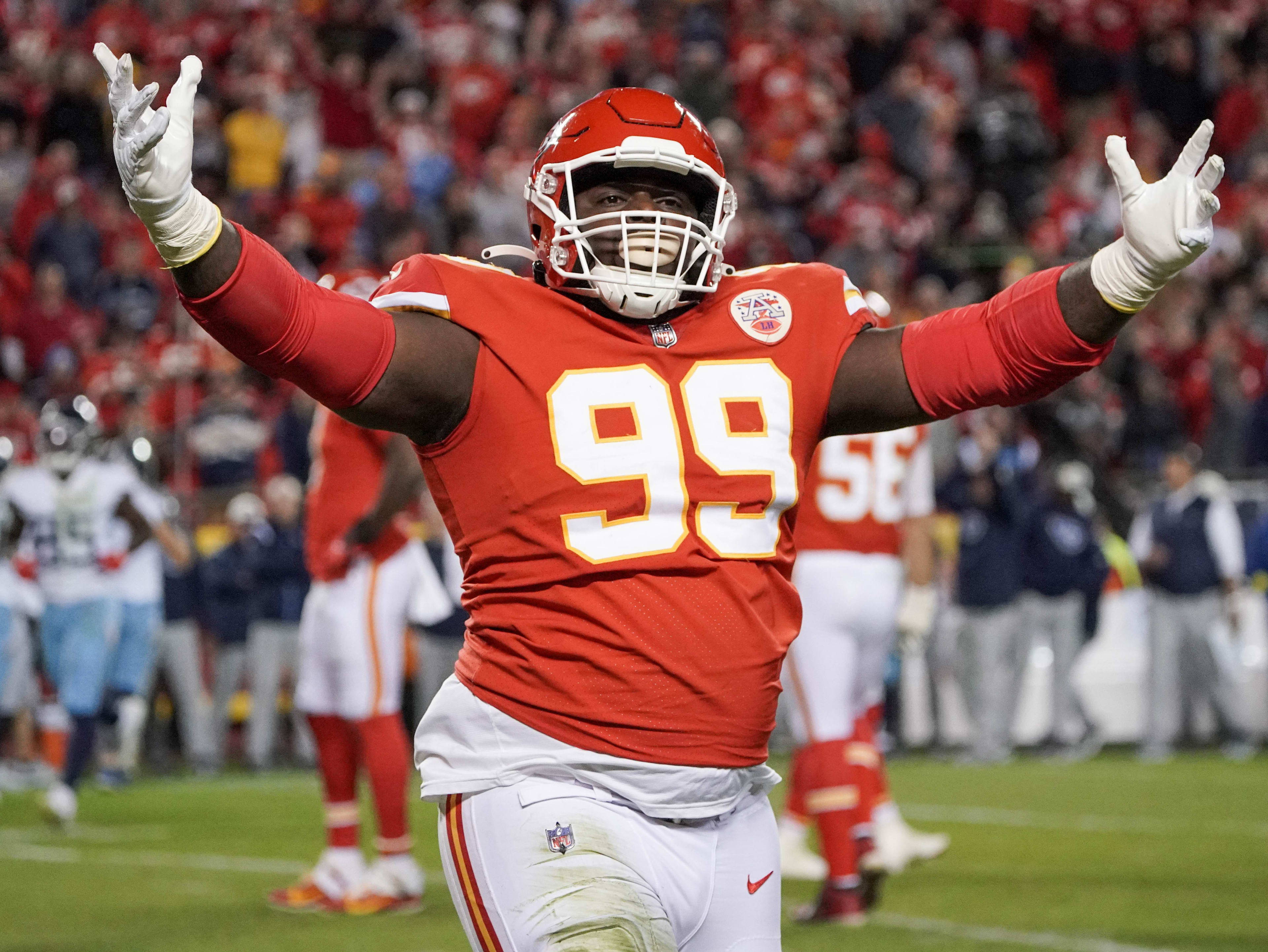 Nov 6, 2022; Kansas City, Missouri, USA; Kansas City Chiefs defensive tackle Khalen Saunders (99) celebrates after a play against the Tennessee Titans during the game at GEHA Field at Arrowhead Stadium.
