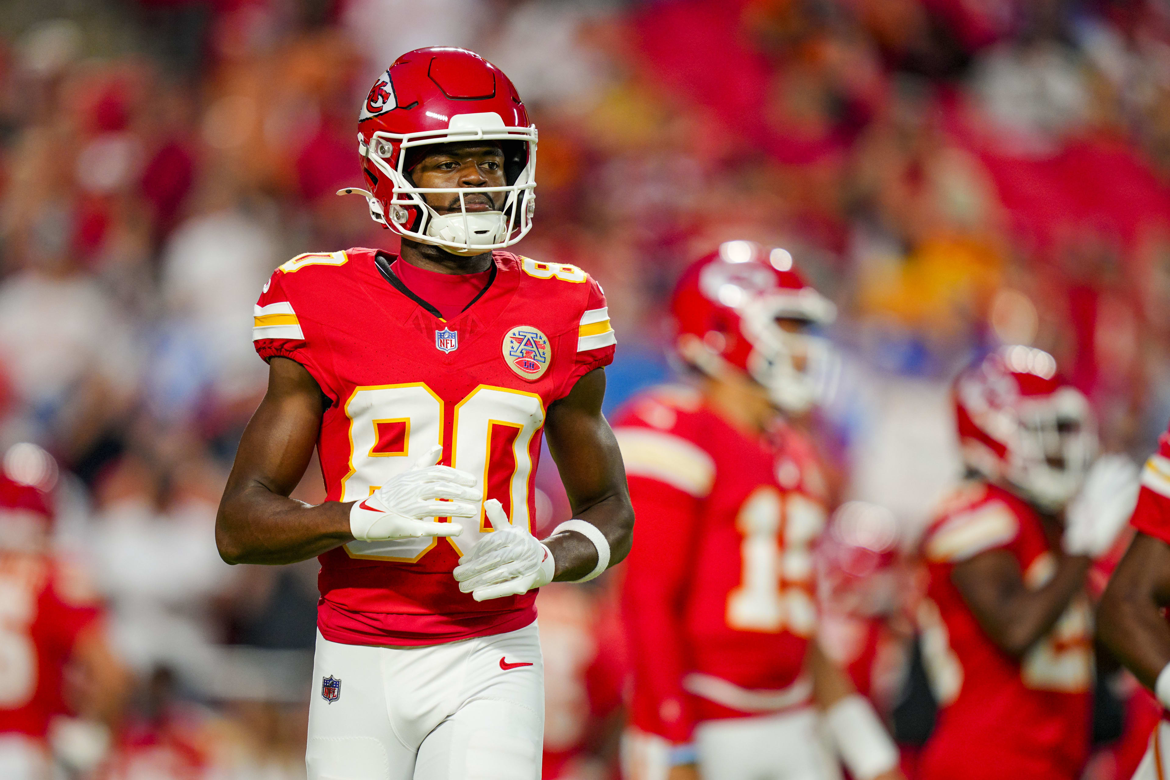 Oct 12, 2025; Kansas City, Missouri, USA; Kansas City Chiefs wide receiver Tyquan Thornton (80) warms up prior to a game against the Detroit Lions at GEHA Field at Arrowhead Stadium.