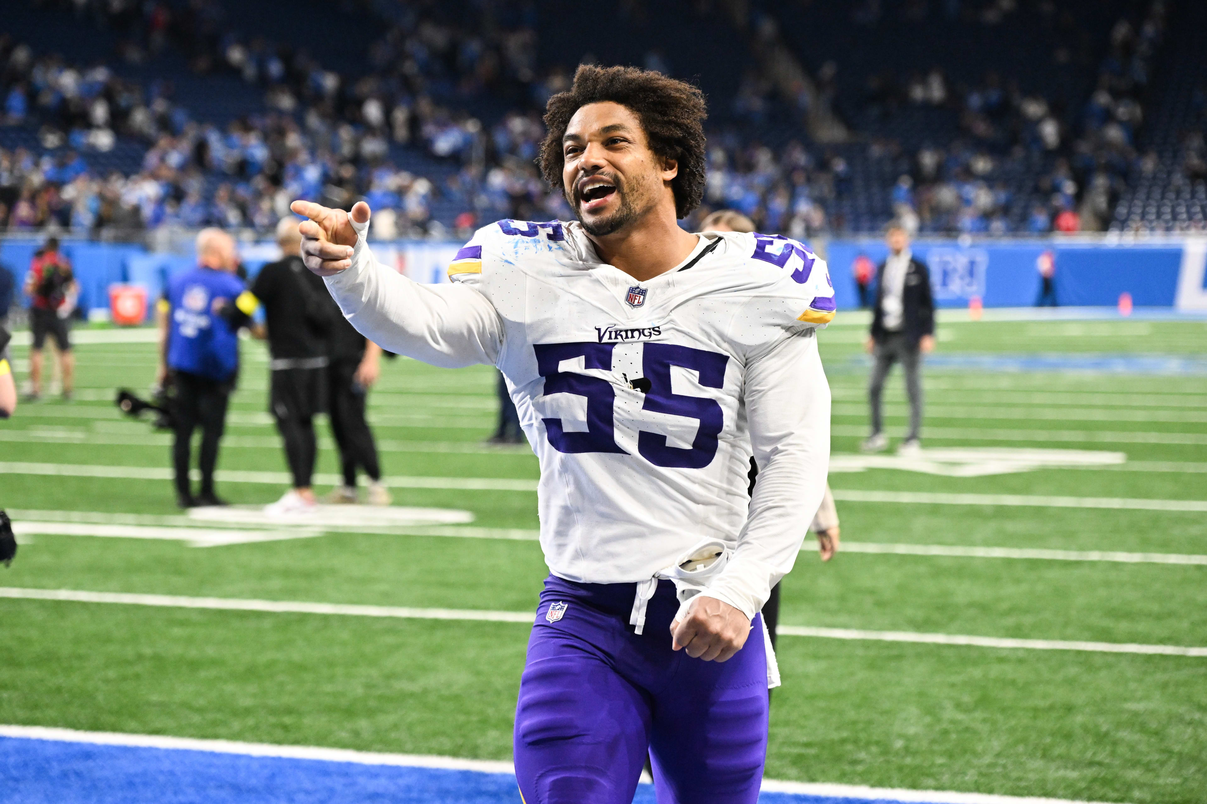 Nov 2, 2025; Detroit, Michigan, USA; Minnesota Vikings linebacker Eric Wilson (55) celebrates after the game against the Detroit Lions at Ford Field.
