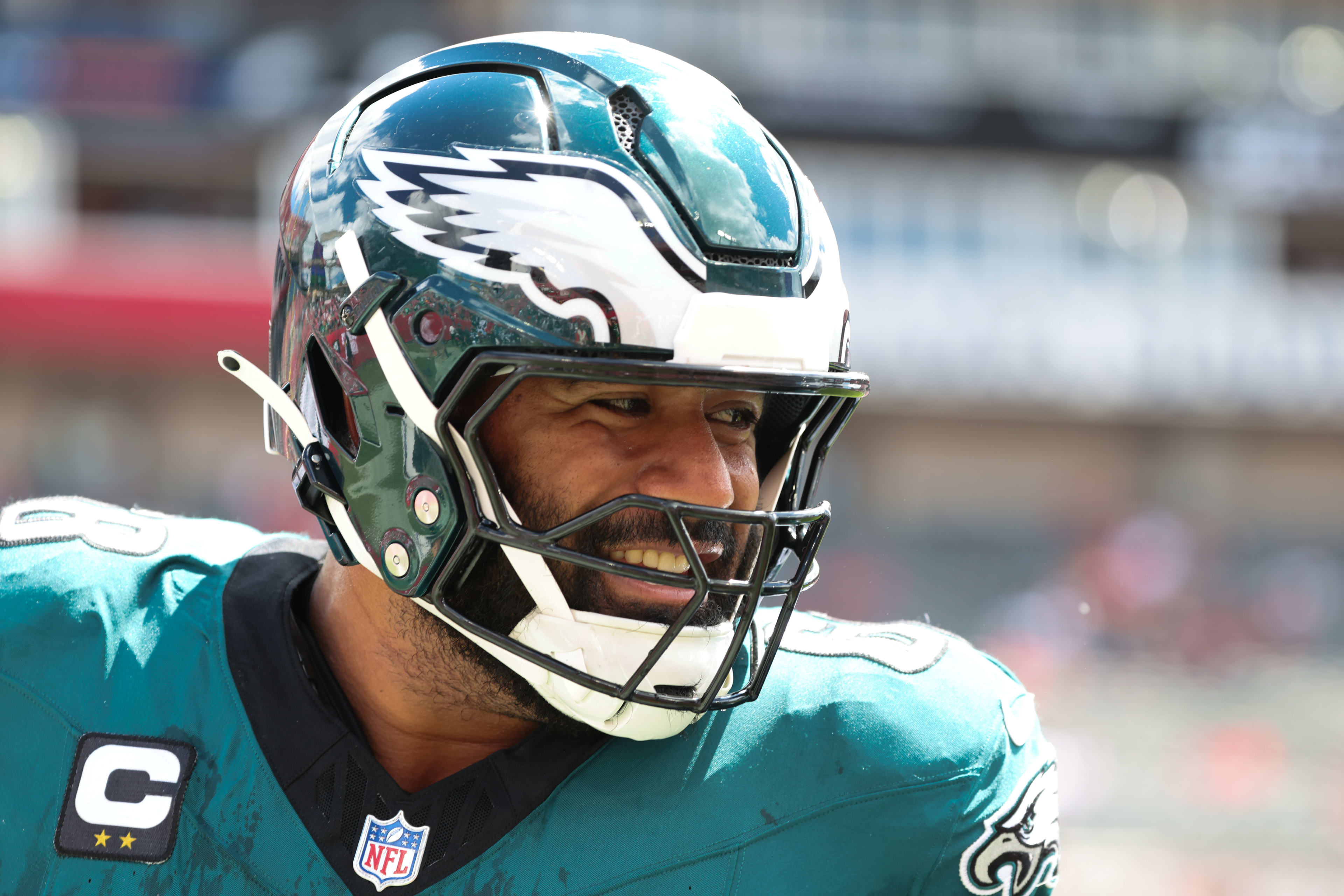 Philadelphia Eagles offensive tackle Jordan Mailata (68) warms up before the game against the Tampa Bay Buccaneers at Raymond James Stadium.

