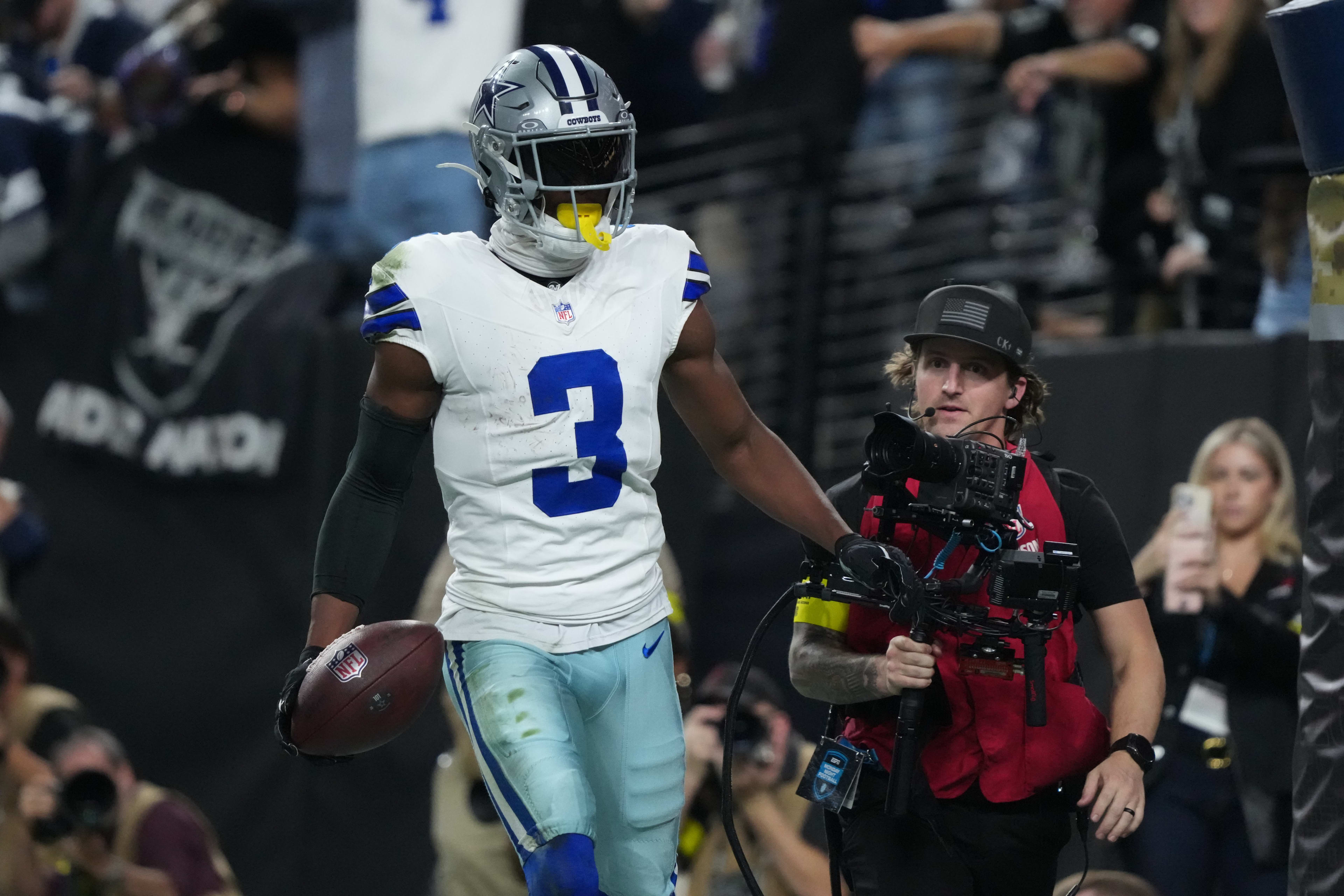 Nov 17, 2025; Paradise, Nevada, USA; Dallas Cowboys wide receiver George Pickens (3) reacts after scoring a touchdown against the Las Vegas Raiders during the first half at Allegiant Stadium. 
