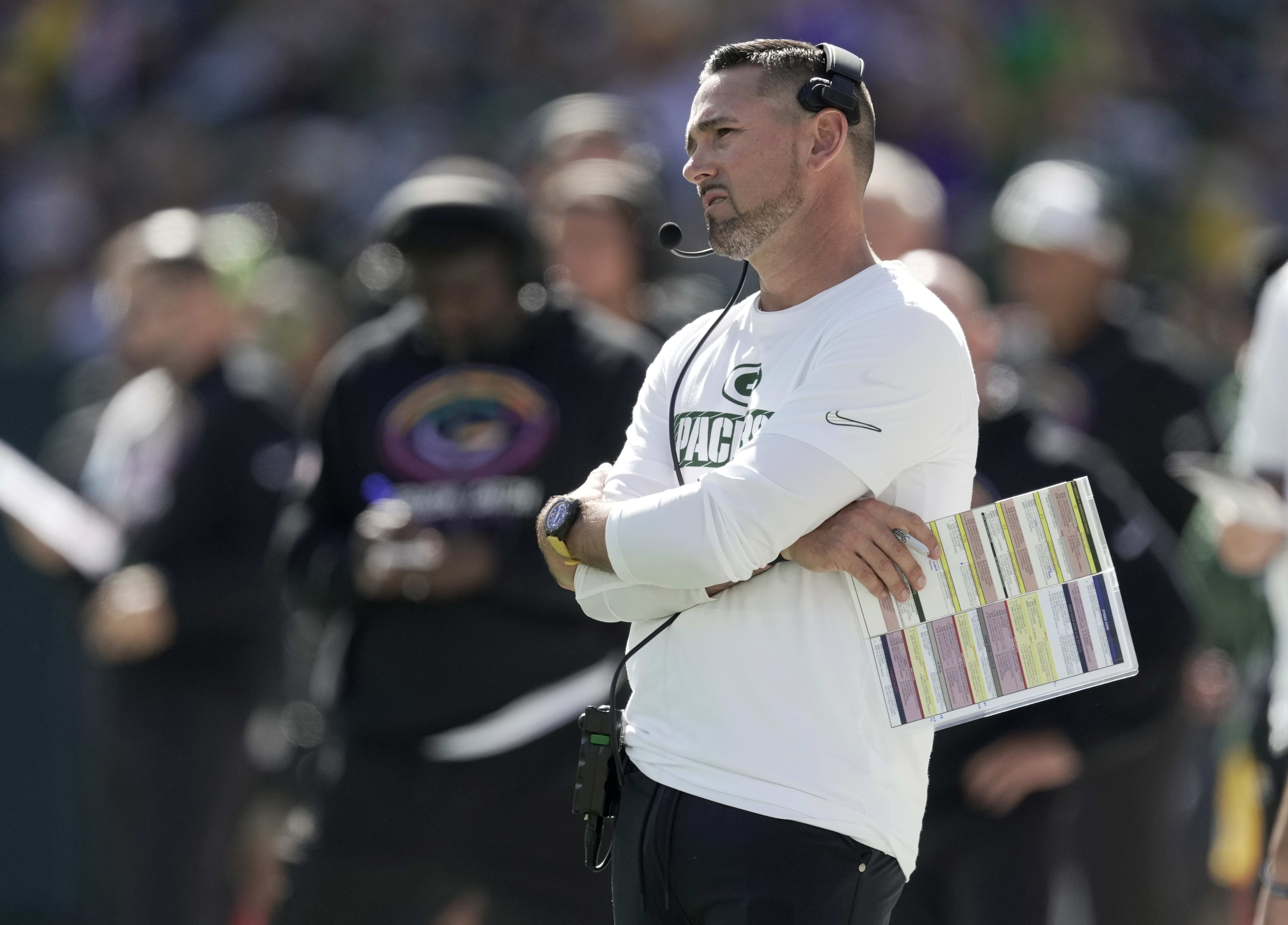 Sep 29, 2024; Green Bay, Wisconsin, USA; Green Bay Packers head coach Matt LaFleur is shown  during the first quarter of their game against the Minnesota Vikings Sunday, September 29, 2024 at Lambeau Field in Green Bay, Wisconsin. 
