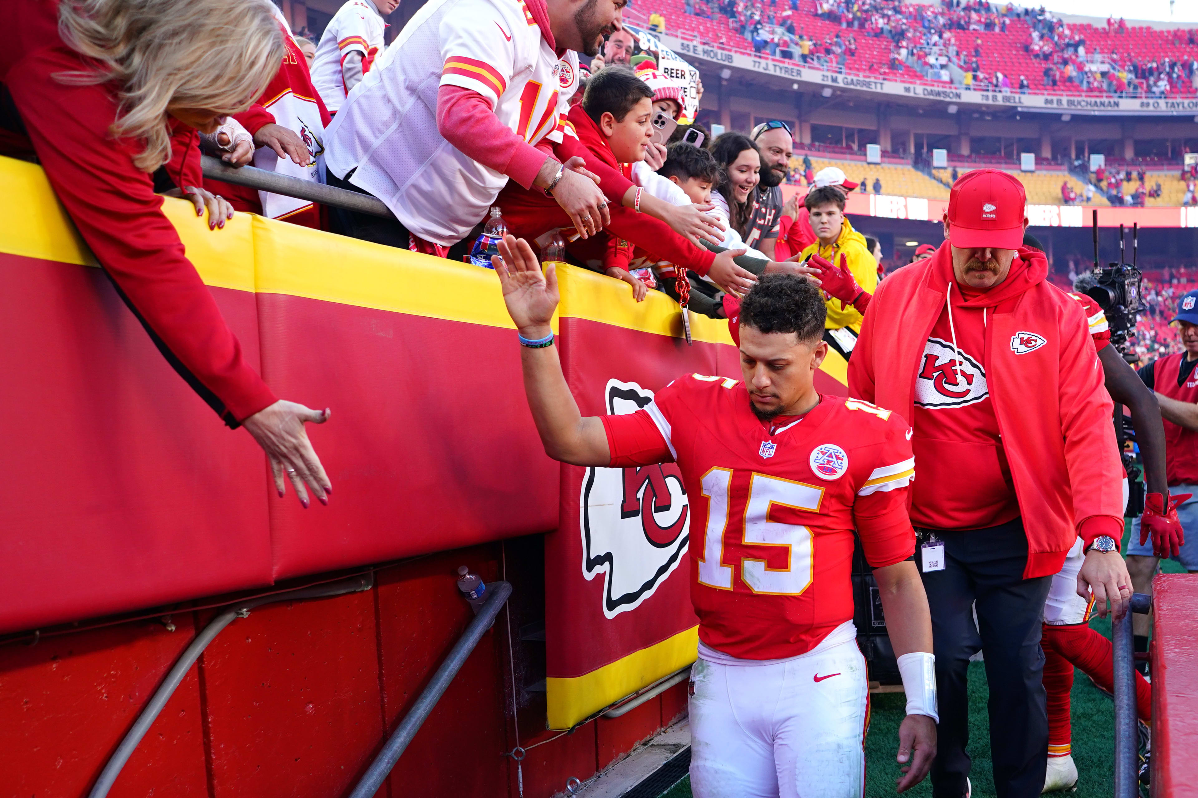 Nov 23, 2025; Kansas City, Missouri, USA; Kansas City Chiefs quarterback Patrick Mahomes (15) greets fans after the game against the Indianapolis Colts at GEHA Field at Arrowhead Stadium. Mandatory Credit: Denny Medley-Imagn Images