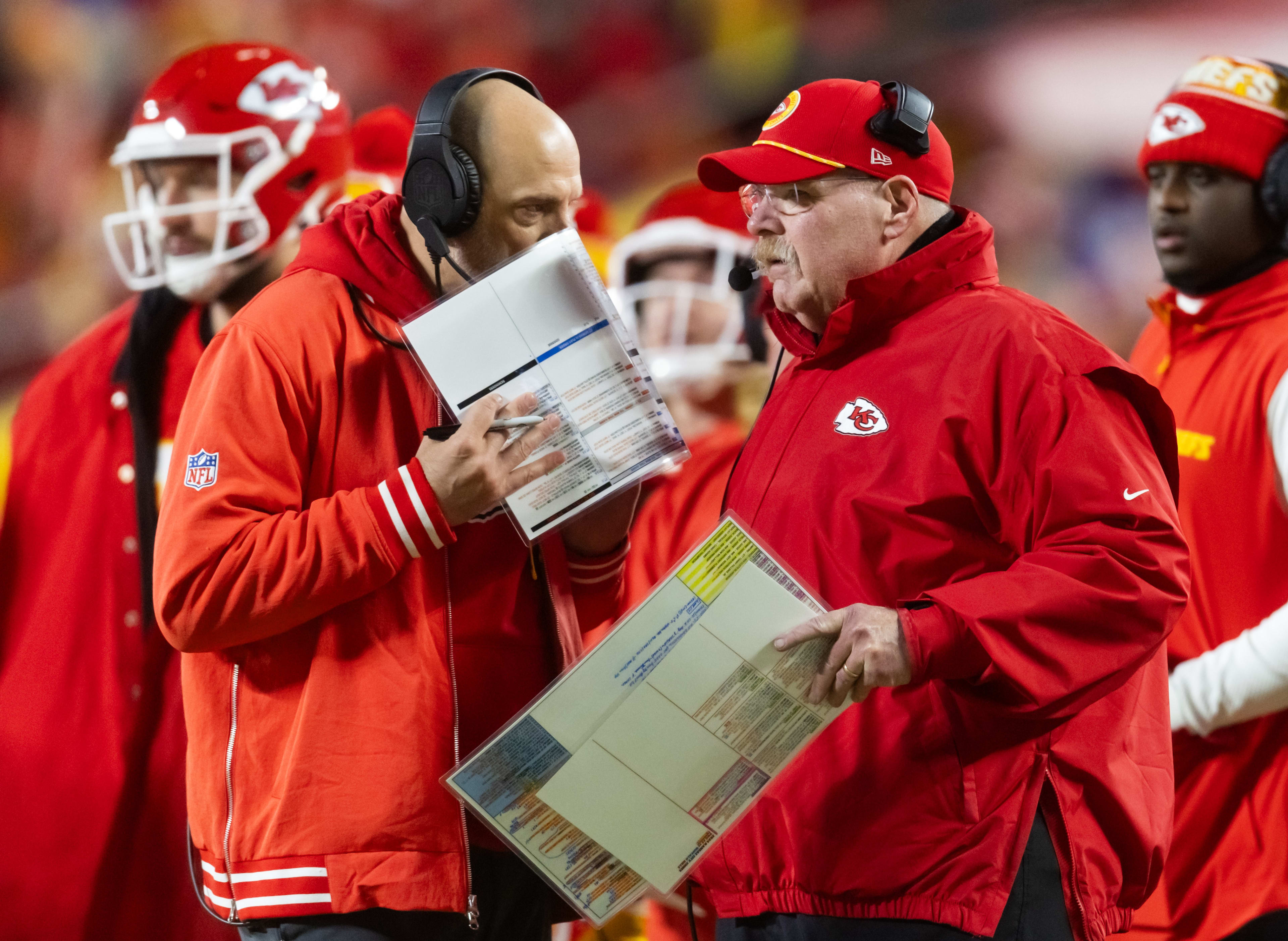 Jan 26, 2025; Kansas City, MO, USA; Kansas City Chiefs offensive coordinator Matt Nagy (left) and head coach Andy Reid against the Buffalo Bills during the AFC Championship game at GEHA Field at Arrowhead Stadium. Mandatory Credit: Mark J. Rebilas-Imagn Images