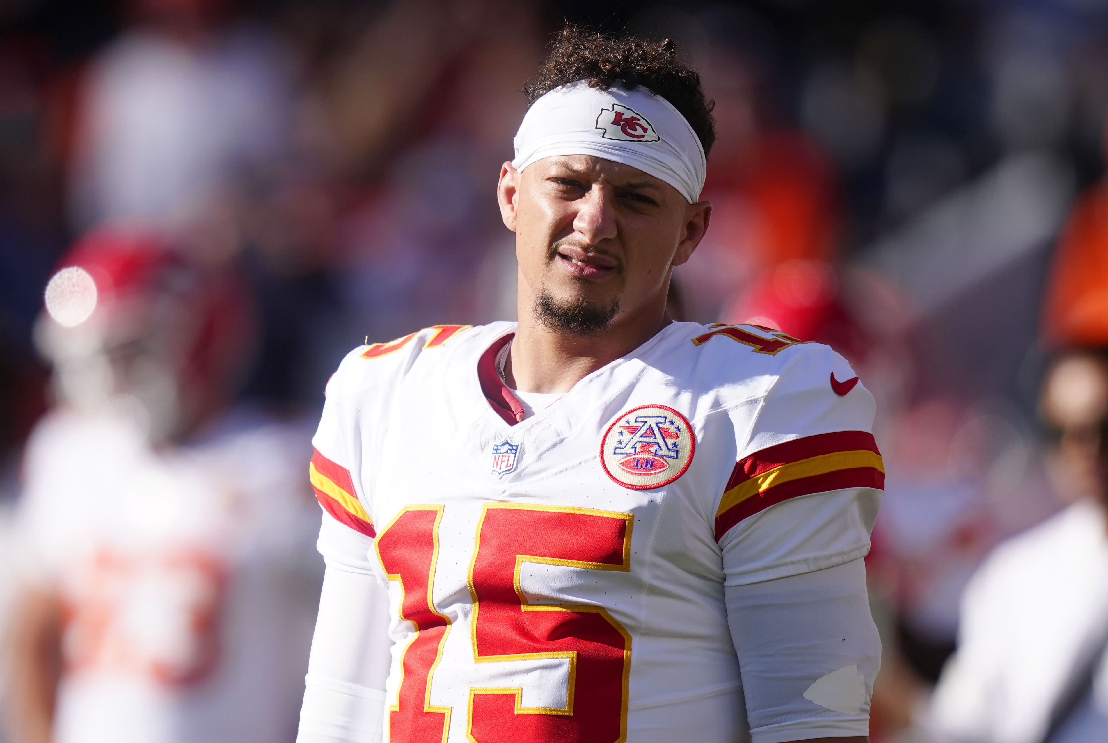 Nov 16, 2025; Denver, Colorado, USA; Kansas City Chiefs quarterback Patrick Mahomes (15) before the game against the Denver Broncos at Empower Field at Mile High. Mandatory Credit: Ron Chenoy-Imagn Images
