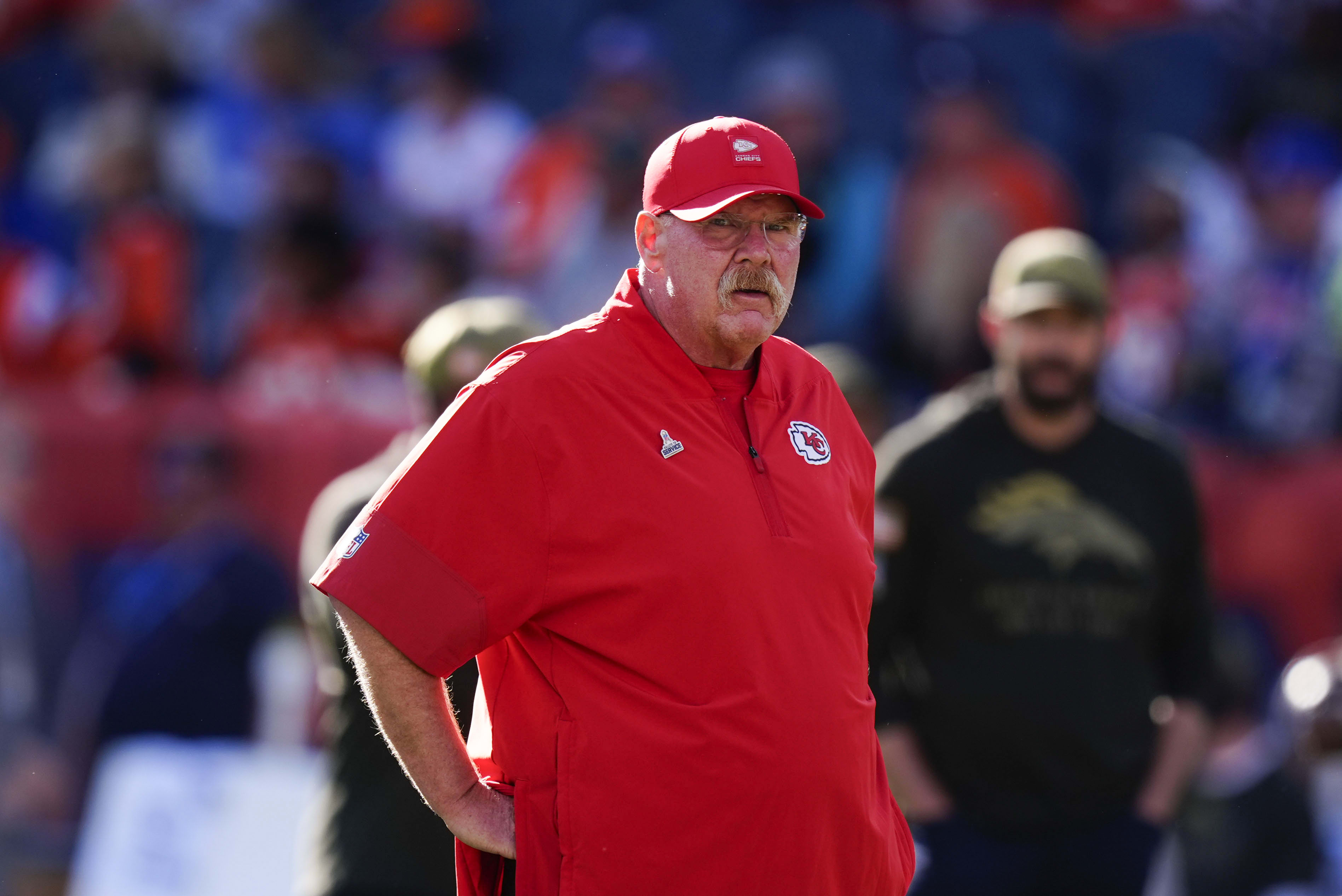 Nov 16, 2025; Denver, Colorado, USA; Kansas City Chiefs head coach Andy Reid before the game against the Denver Broncos at Empower Field at Mile High.