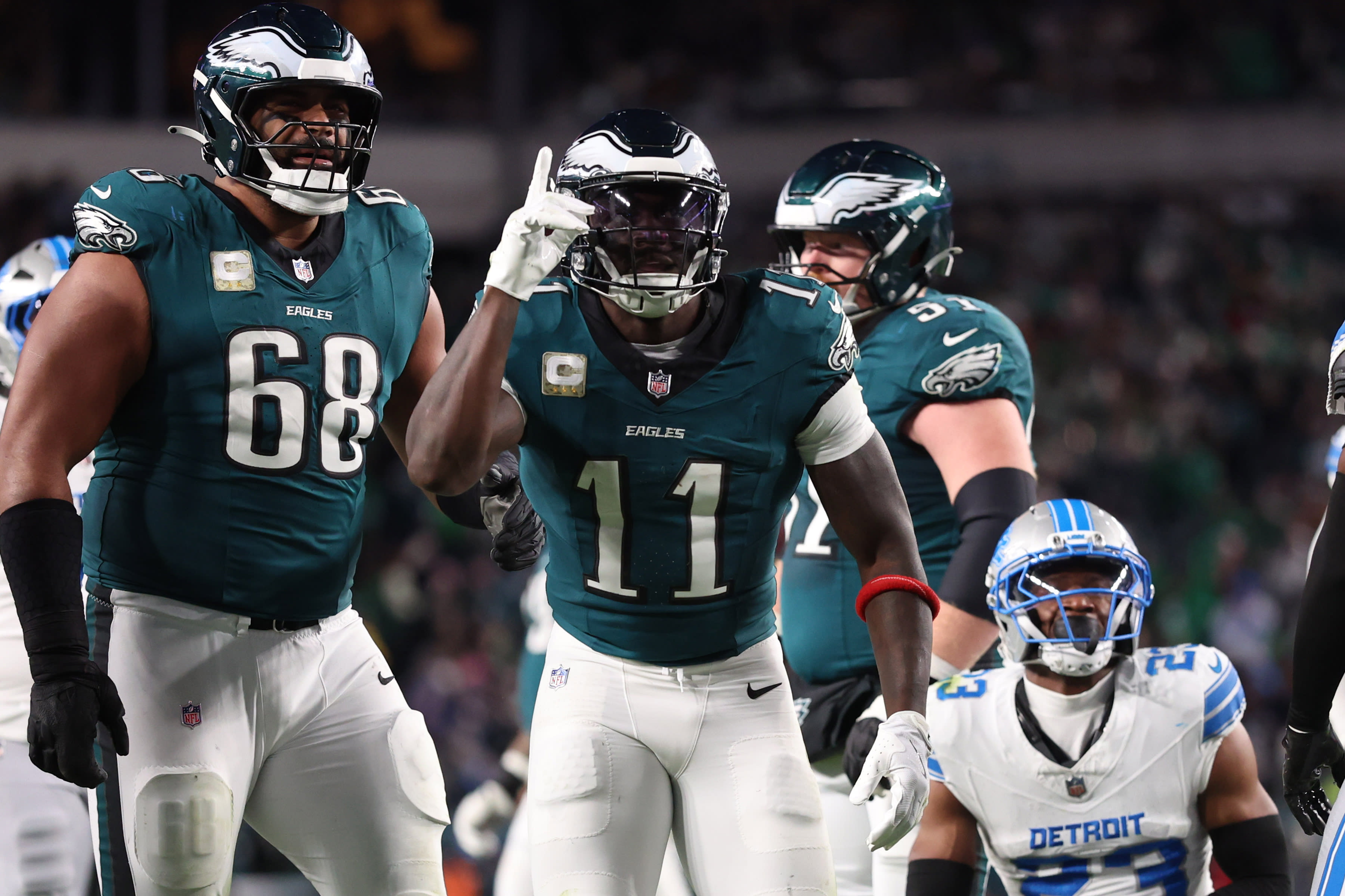Nov 16, 2025; Philadelphia, Pennsylvania, USA; Philadelphia Eagles wide receiver A.J. Brown (11) reacts against the Detroit Lions during the first half at Lincoln Financial Field.

