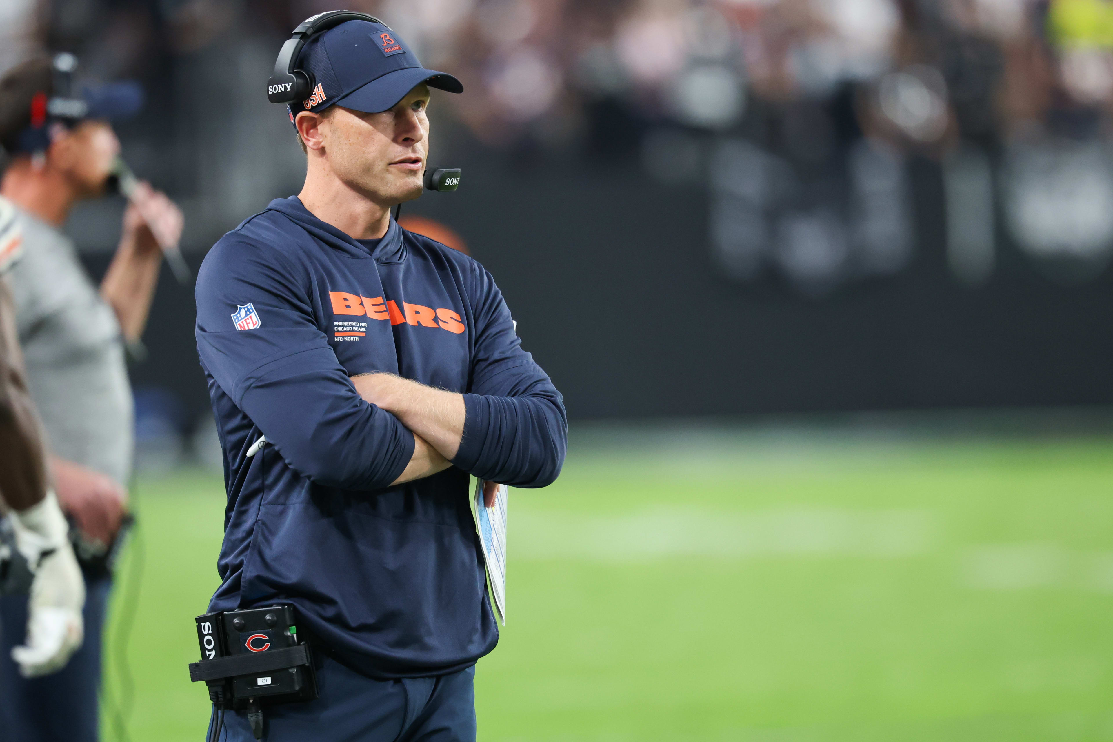 Sep 28, 2025; Paradise, Nevada, USA; Chicago Bears head coach Ben Johnson looks on from the sideline during the second half against the Las Vegas Raiders at Allegiant Stadium.
