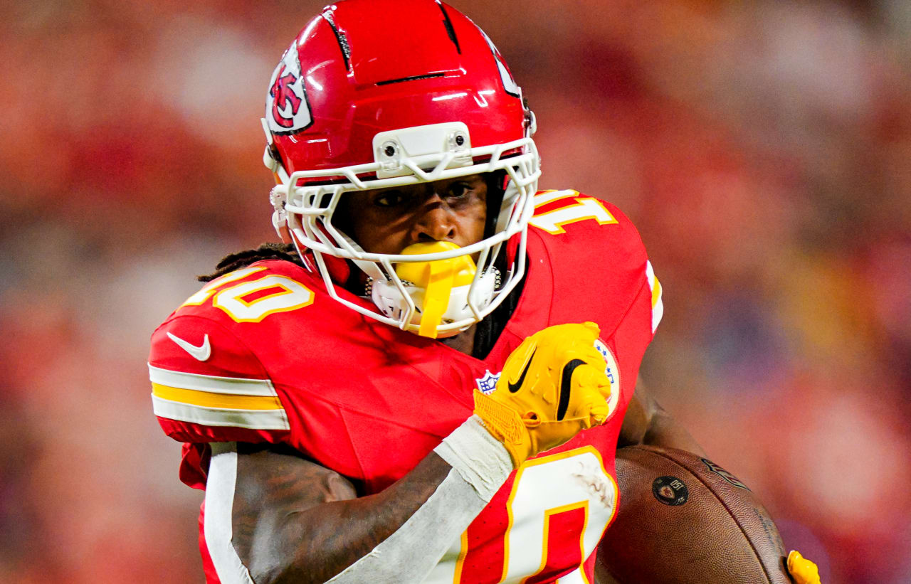 Oct 12, 2025; Kansas City, Missouri, USA; Kansas City Chiefs running back Isiah Pacheco (10) runs the ball during the first half against the Detroit Lions at GEHA Field at Arrowhead Stadium. 
