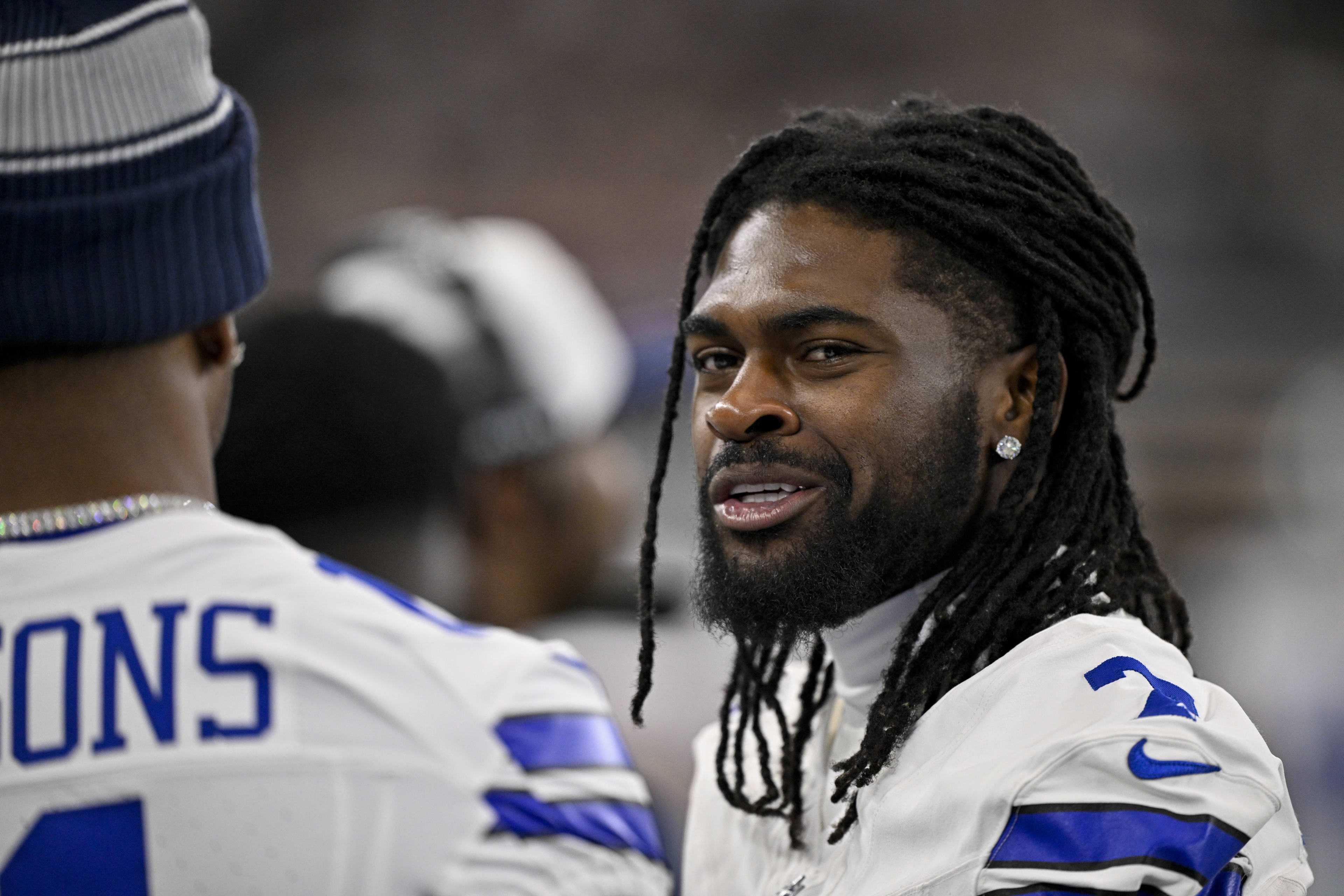 Aug 16, 2025; Arlington, Texas, USA; Dallas Cowboys cornerback Trevon Diggs (7) looks on before the game between the Dallas Cowboys and the Baltimore Ravens at AT&T Stadium.