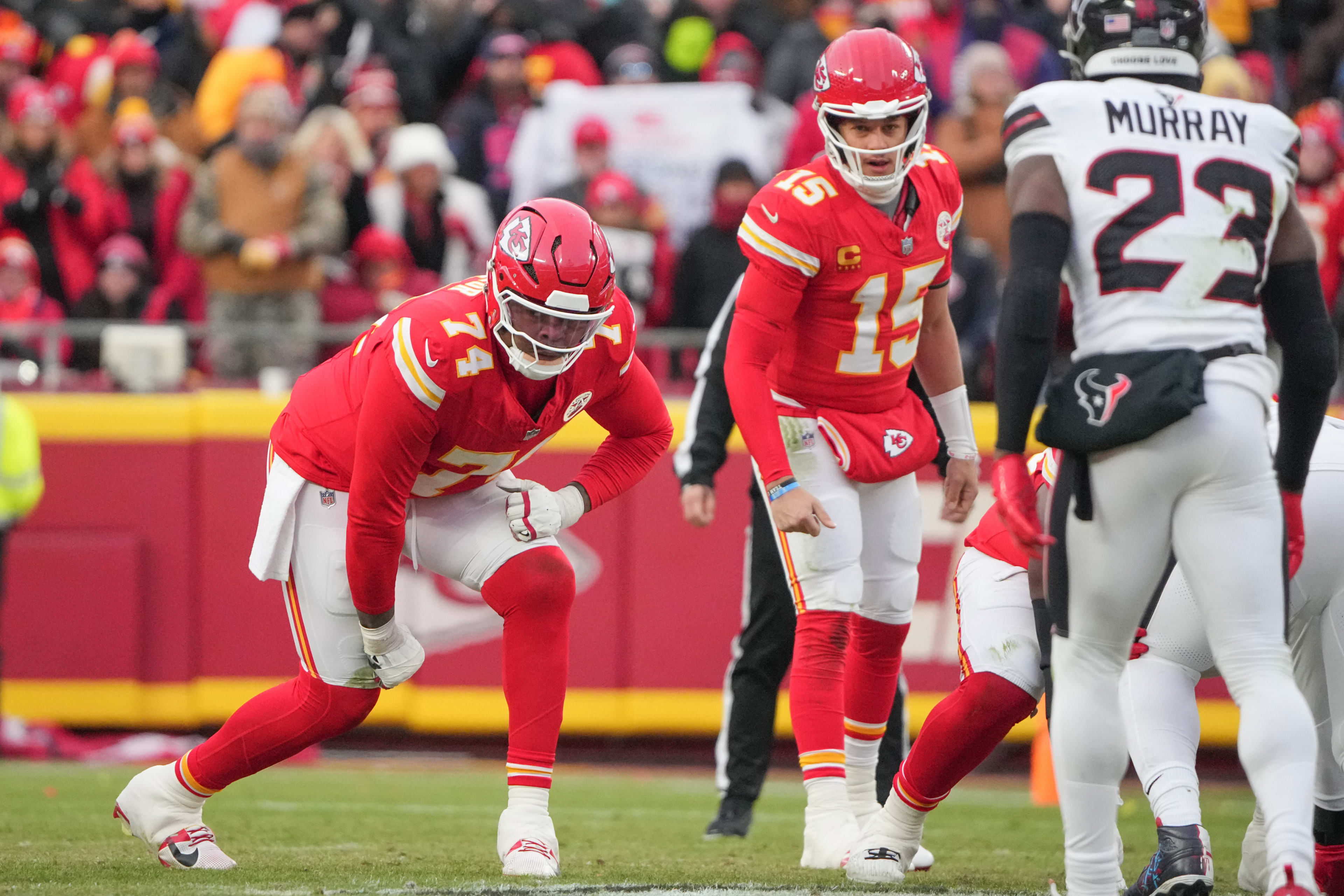 Jan 18, 2025; Kansas City, Missouri, USA; Kansas City Chiefs offensive tackle Jawaan Taylor (74) at the line of scrimmage against the Houston Texans during the first half of a 2025 AFC divisional round game at GEHA Field at Arrowhead Stadium.