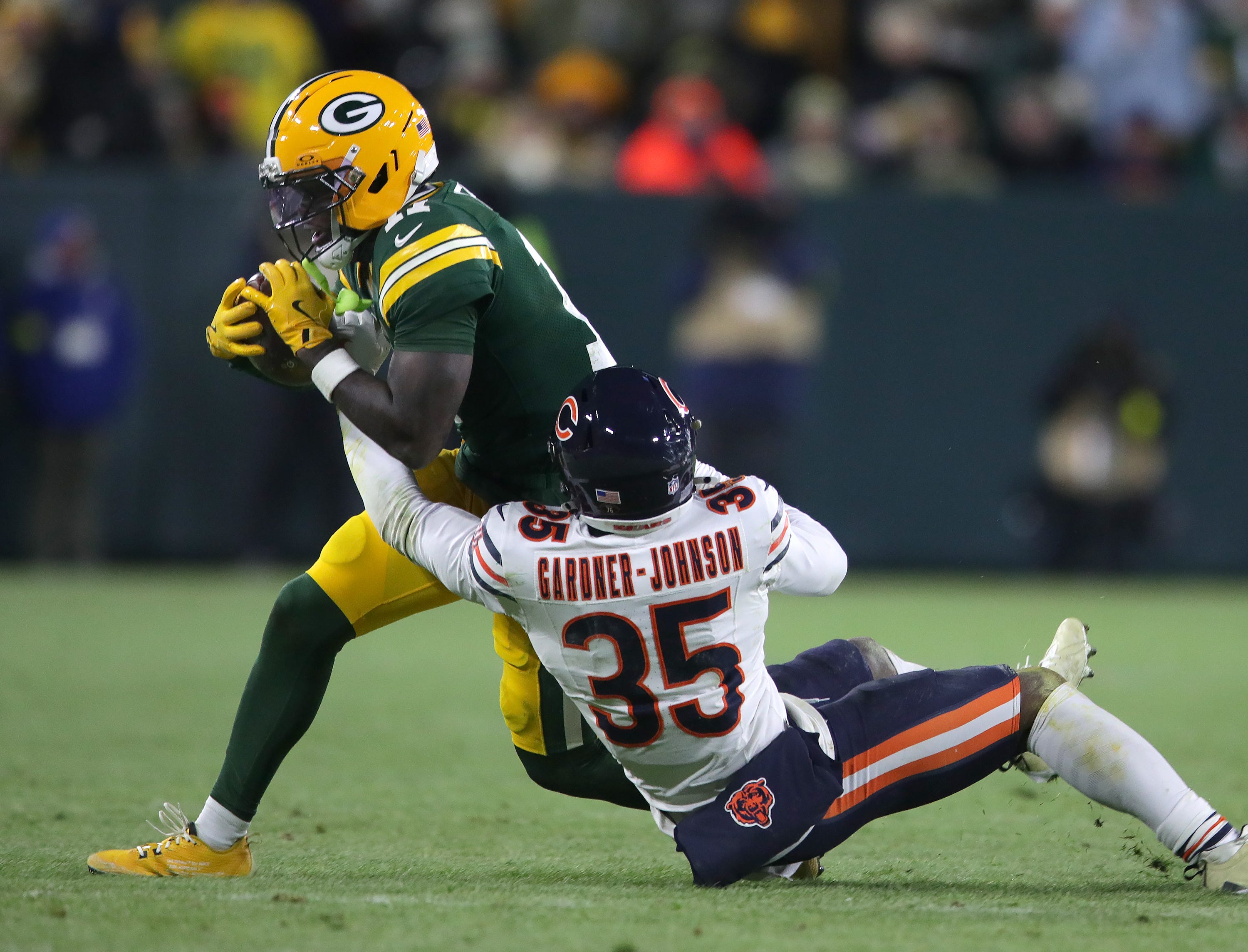 Green Bay Packers Green Bay Packers wide receiver Jayden Reed (11) catches a pass against Chicago Bears safety C.J. Gardner-Johnson (35)December 7, 2025, at Lambeau Field in Green Bay, Wis. The Packers defeated the Bears 28-21.