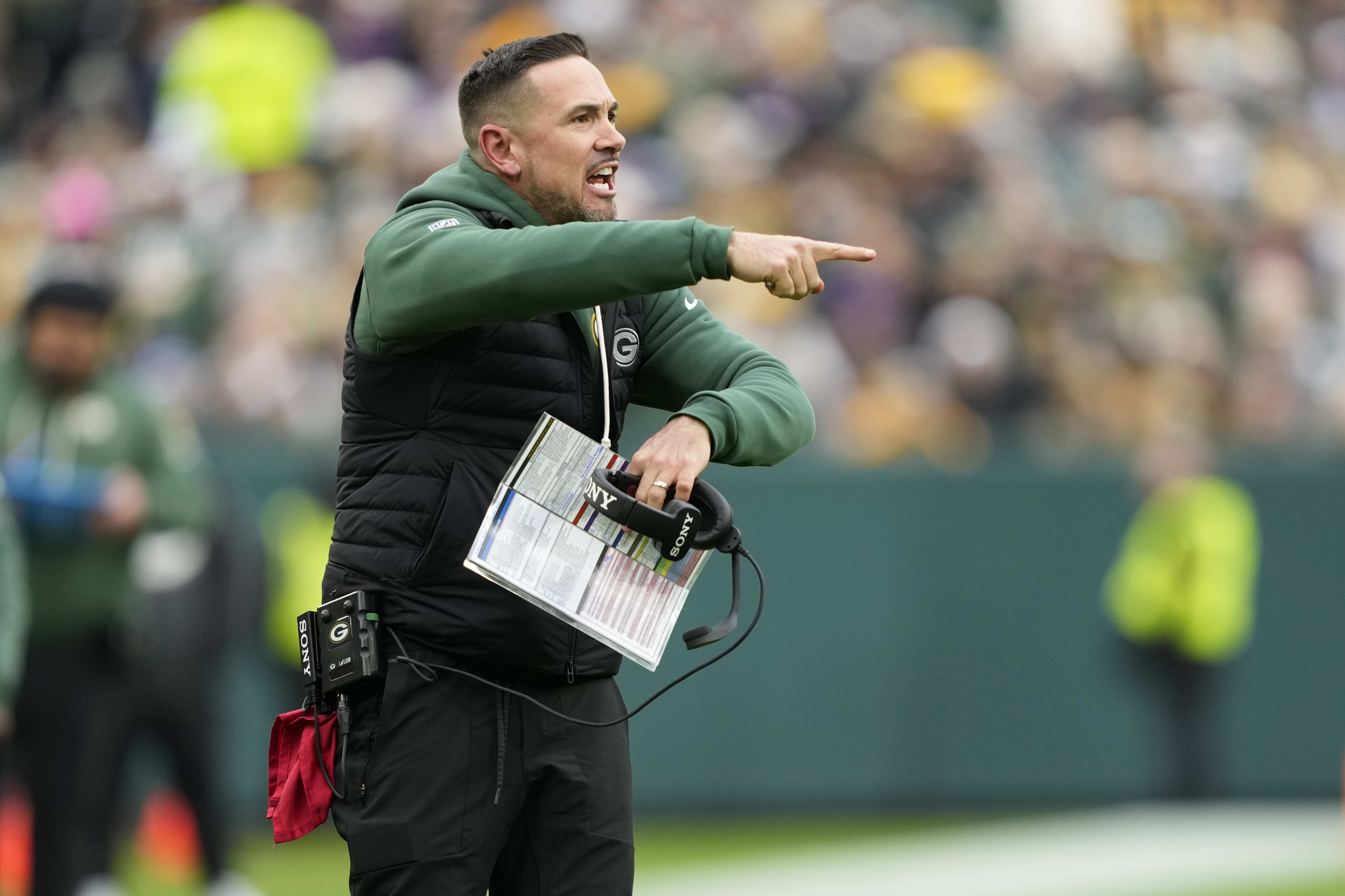 Nov 23, 2025; Green Bay, Wisconsin, USA; Green Bay Packers head coach Matt LaFleur reacts to a penalty call during the first half against the Minnesota Vikings at Lambeau Field.