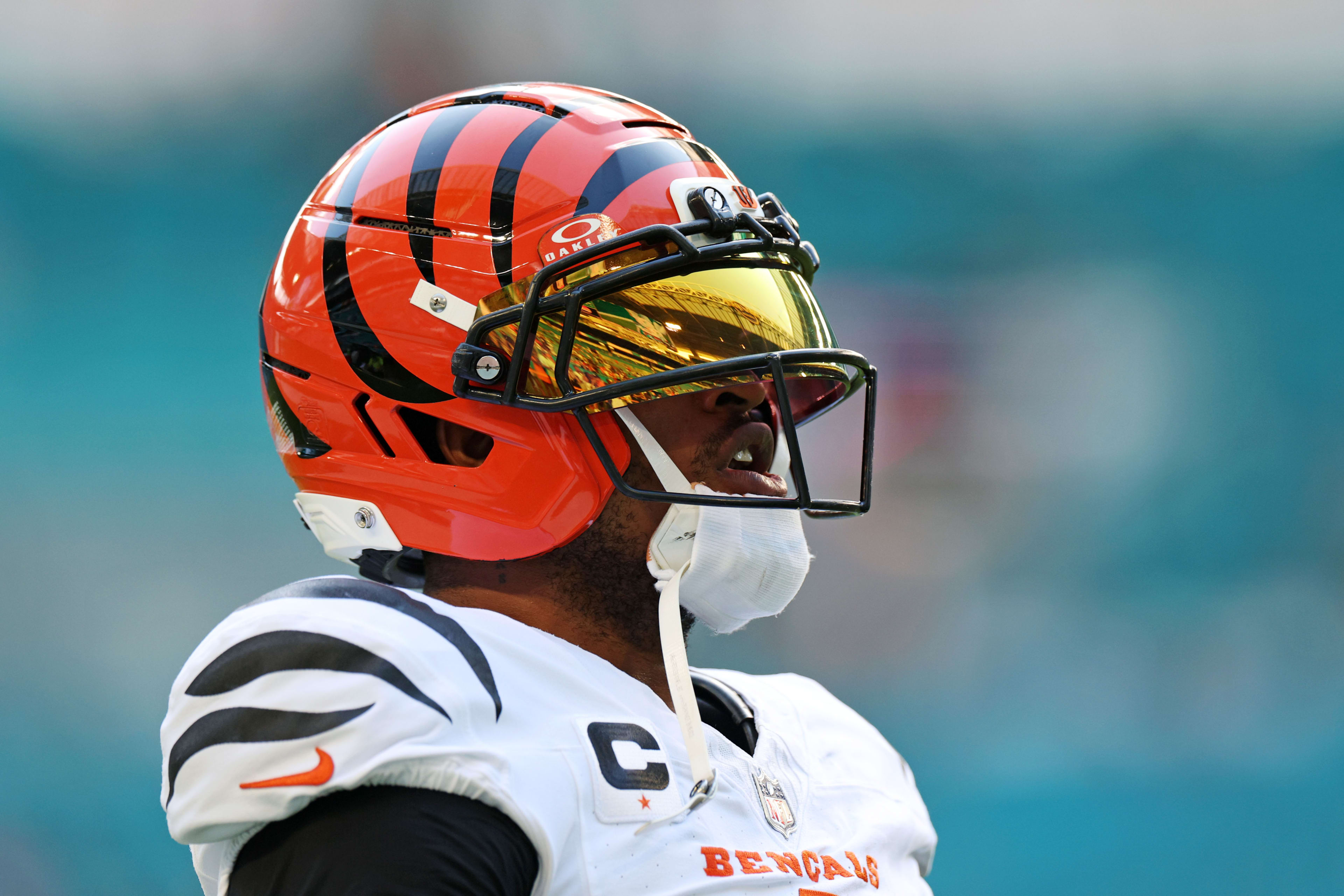 Dec 21, 2025; Miami Gardens, Florida, USA; Cincinnati Bengals wide receiver Ja'Marr Chase (1) warms up before the game against the Miami Dolphins at Hard Rock Stadium.