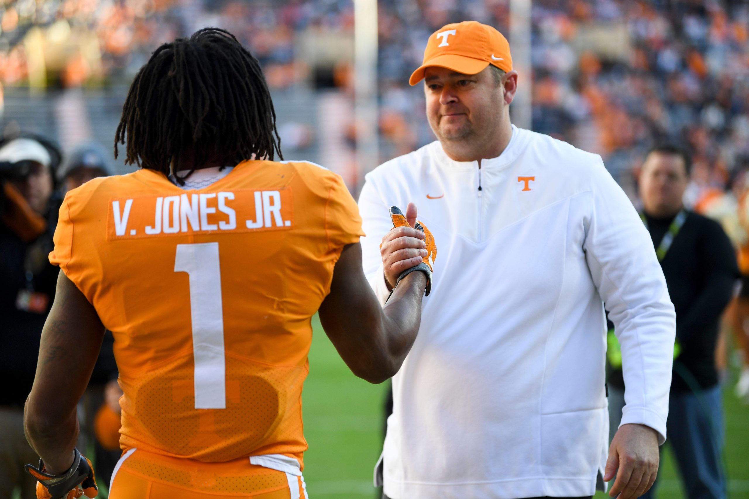 Tennessee Head Coach Josh Heupel congratulates wide receiver Velus Jones Jr. (1) during senior day ceremonies before the start of the NCAA college football game between the Tennesse Volunteers and Vanderbilt Commodores in Knoxville, Tenn. on Saturday, November 27, 2021. Kns Tennessee Vanderbilt Football